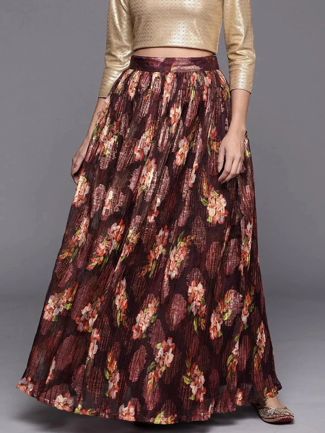 Burgundy Self Design Organza Skirt - Libas