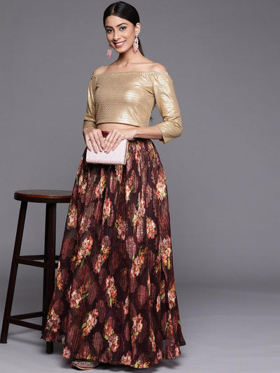 Burgundy Self Design Organza Skirt - Libas