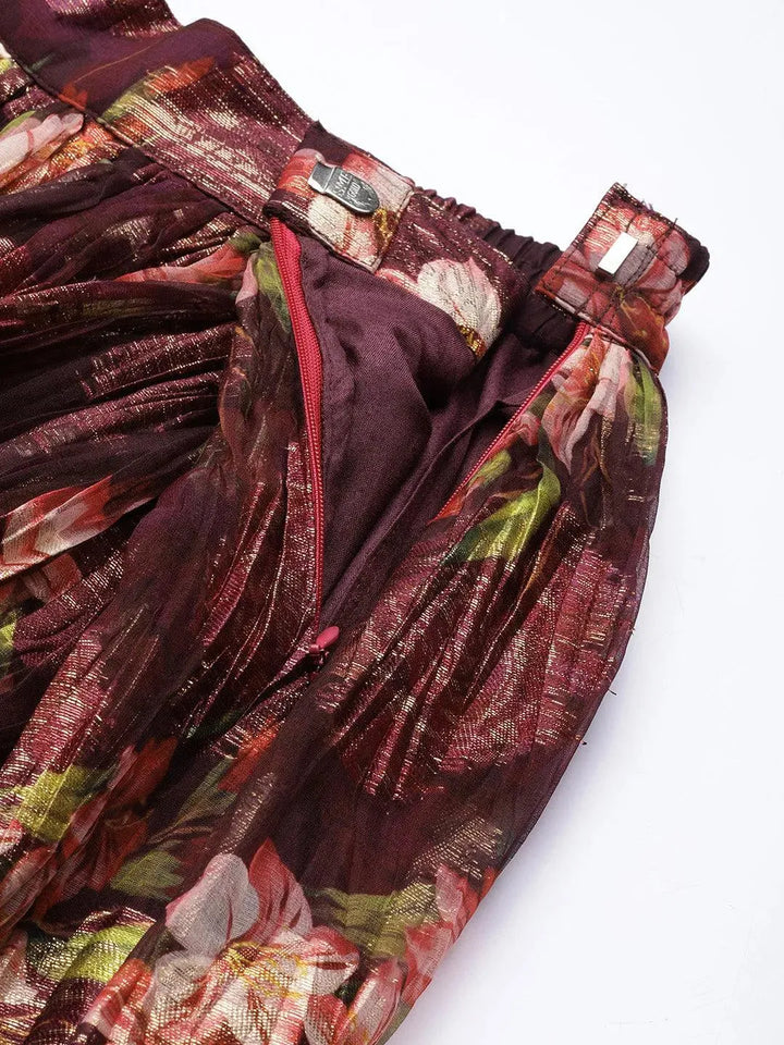 Burgundy Self Design Organza Skirt - Libas