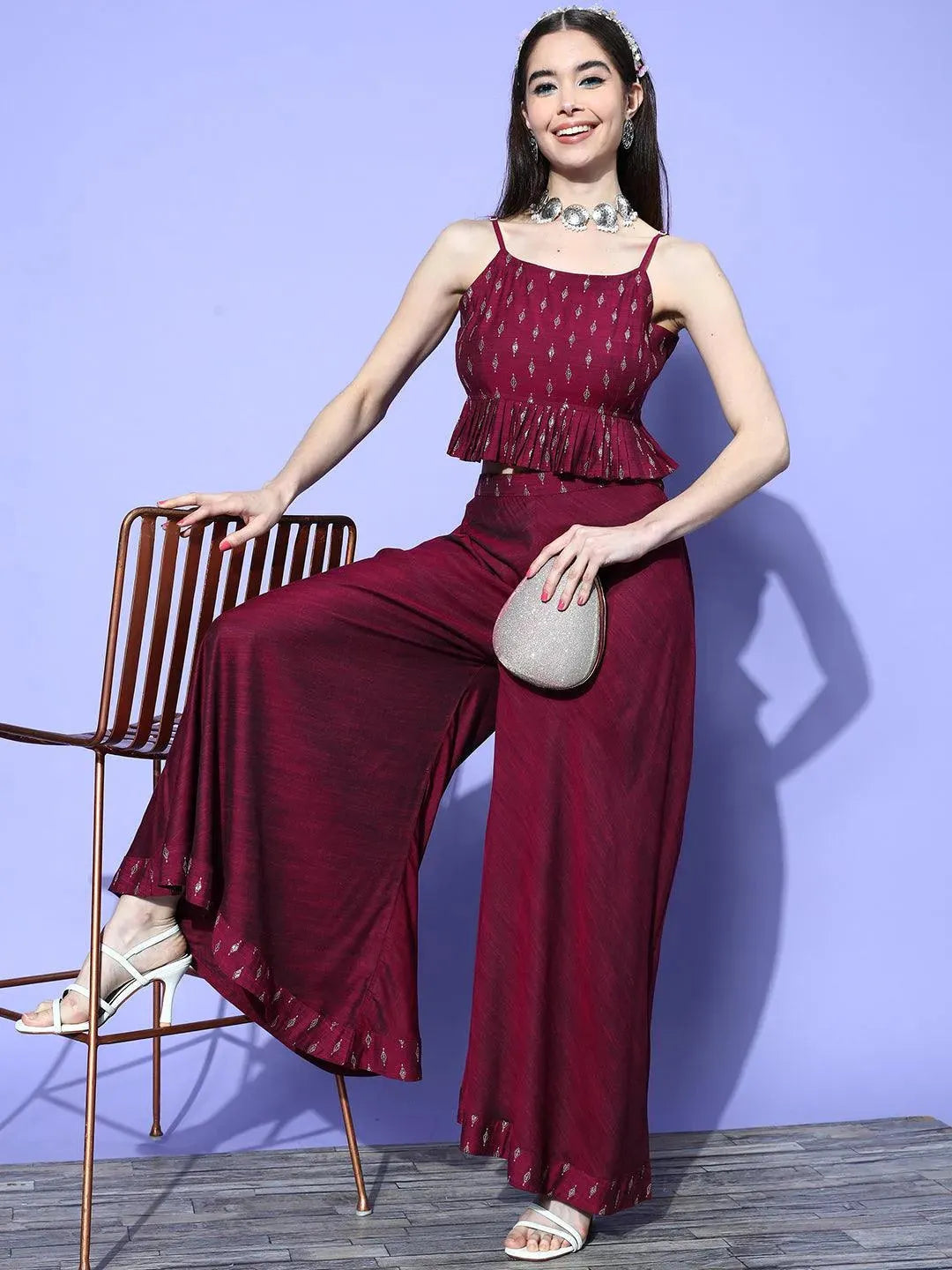 Burgundy Self Design Silk Blend Top With Palazzos - Libas 