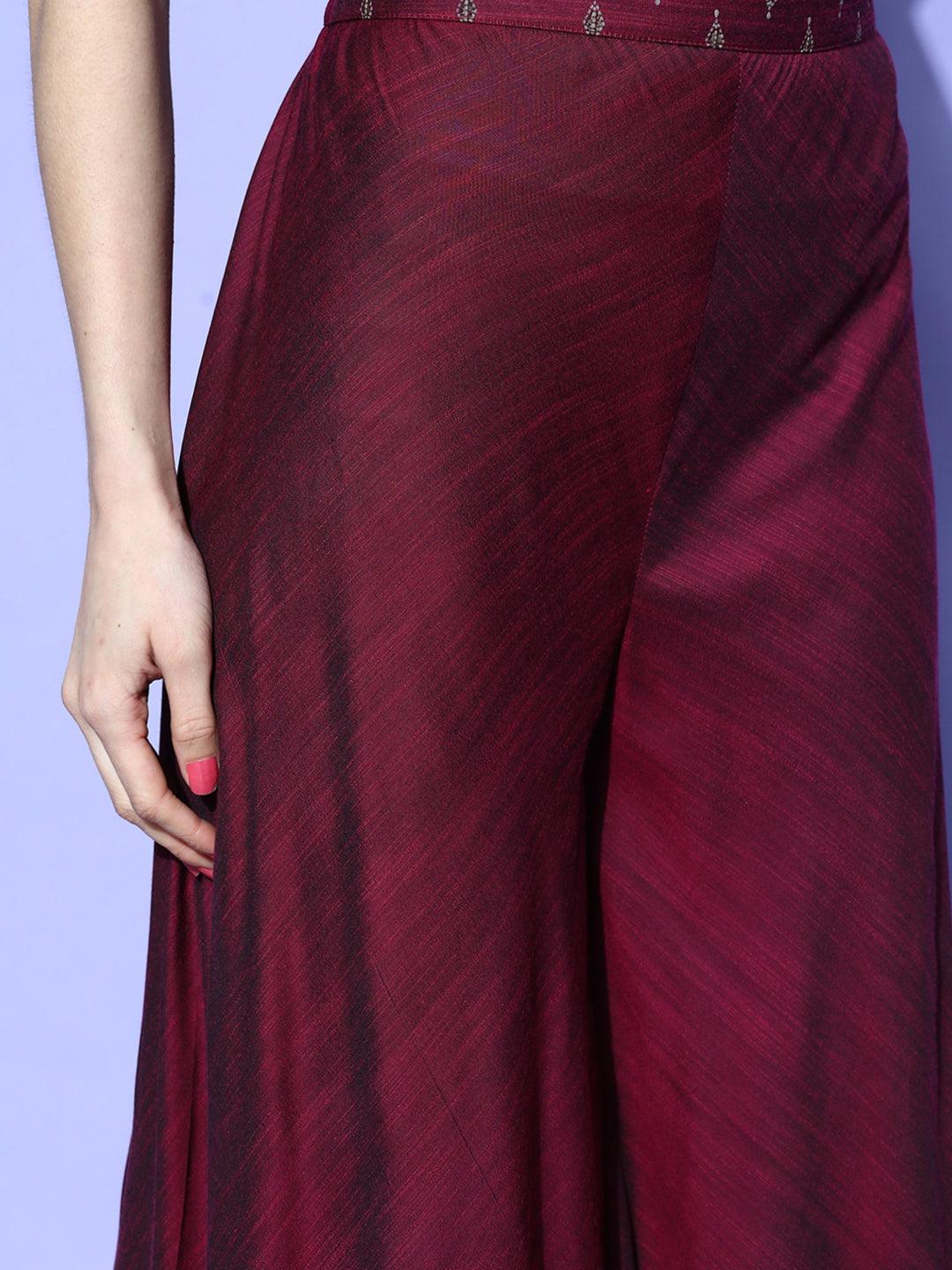 Burgundy Self Design Silk Blend Top With Palazzos - Libas