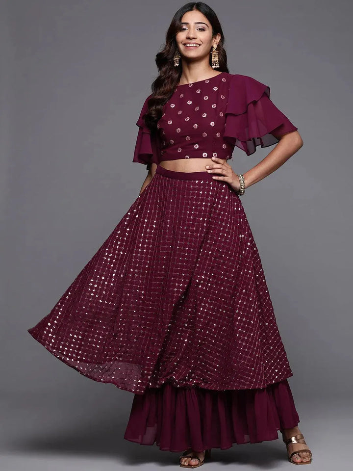 Burgundy Sequinned Georgette Lehenga Set - Libas