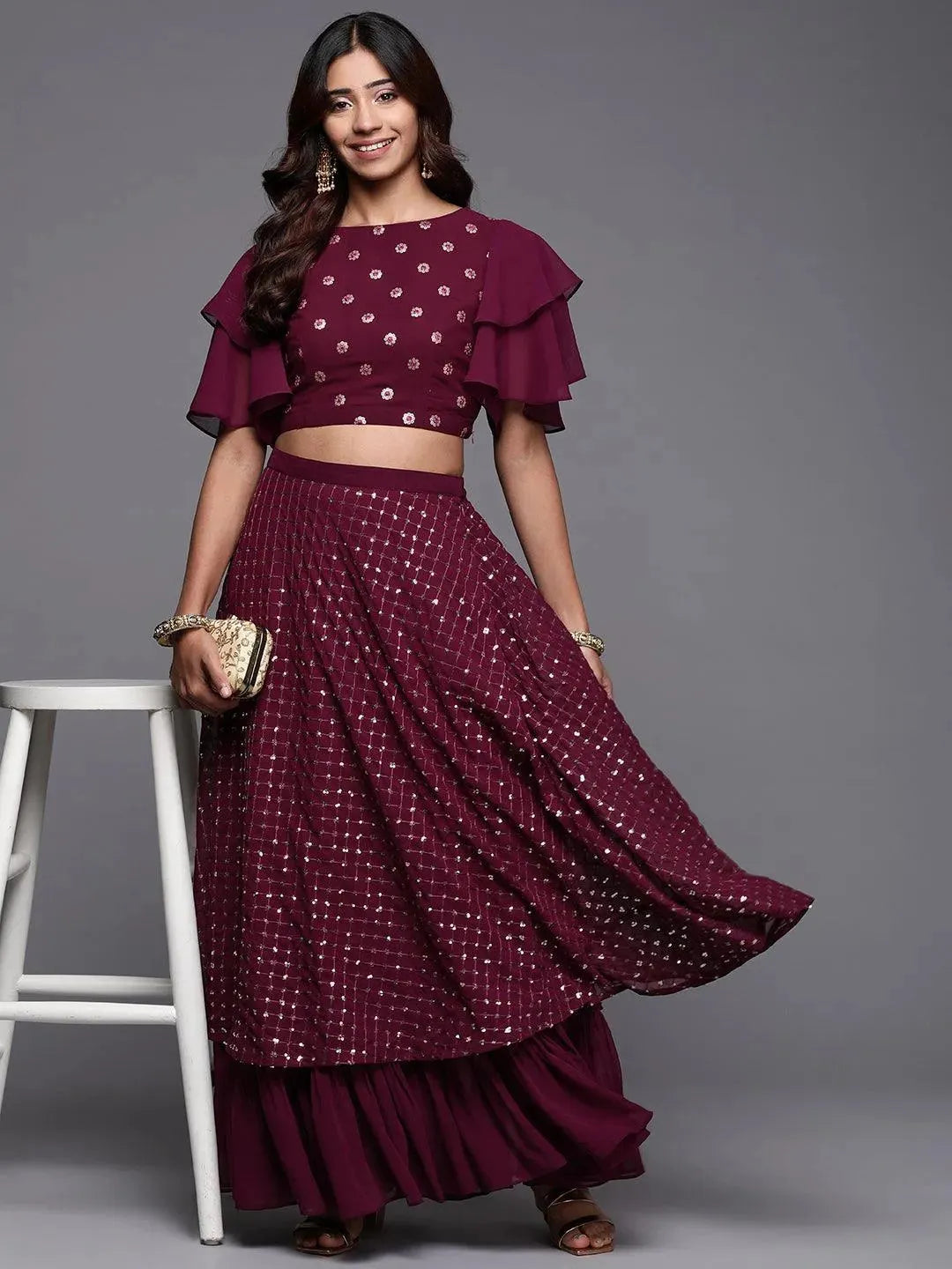 Burgundy Sequinned Georgette Lehenga Set - Libas 