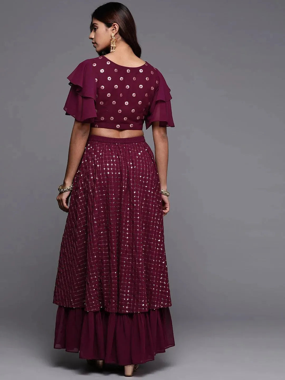 Burgundy Sequinned Georgette Lehenga Set - Libas