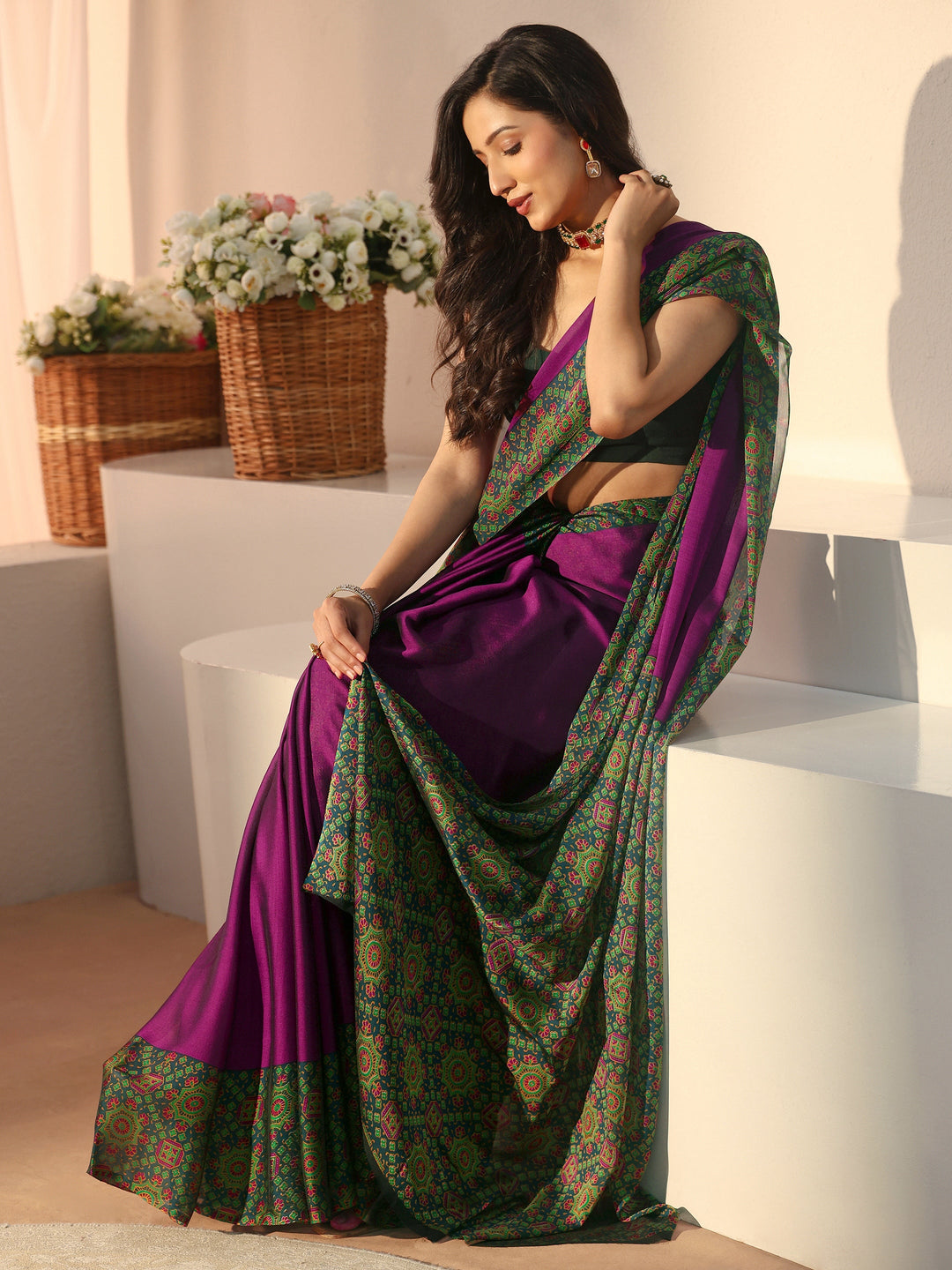 Burgundy Solid Chiffon Saree 