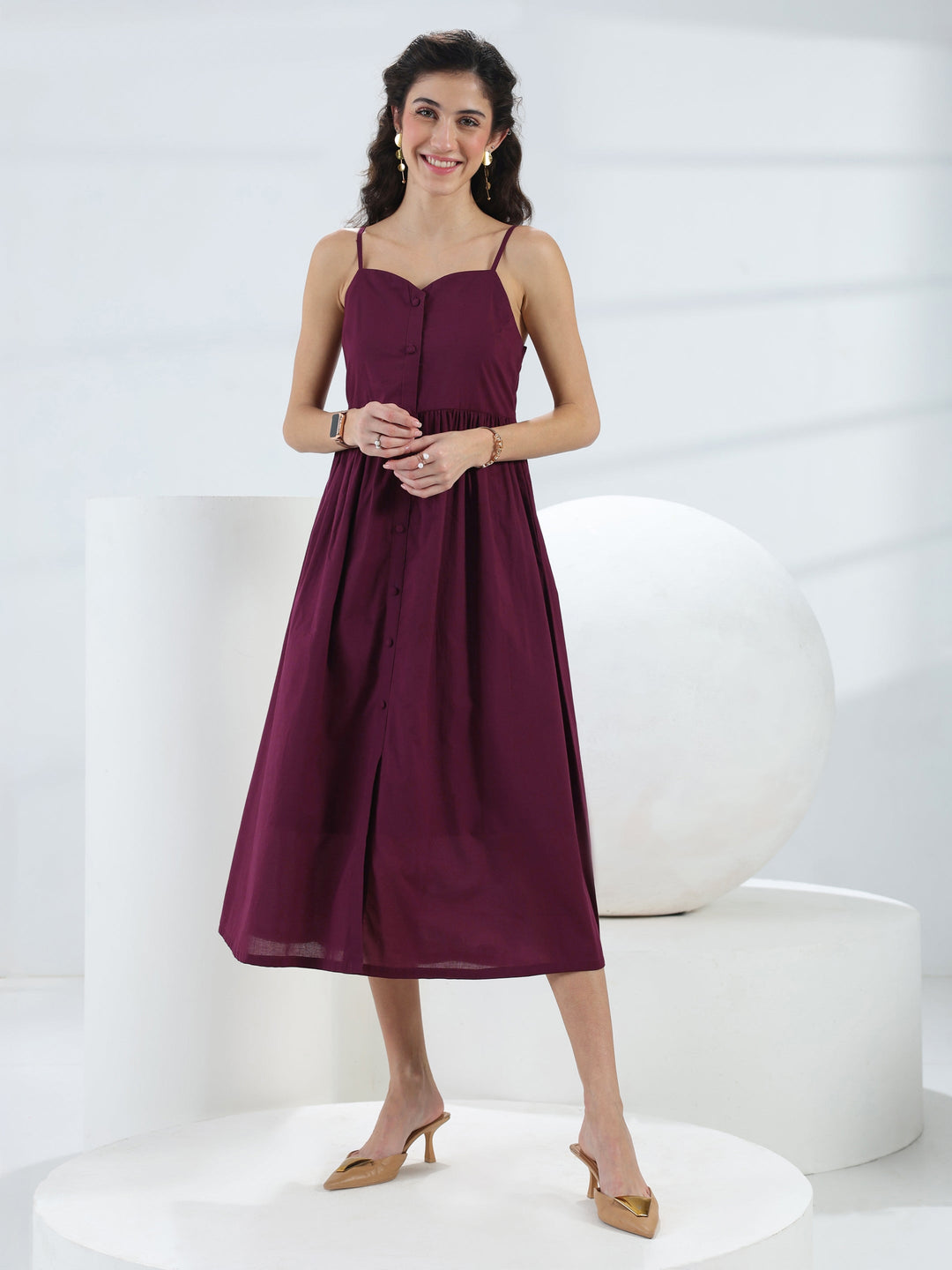  Burgundy Solid Cotton A-Line One-Piece Dress 
