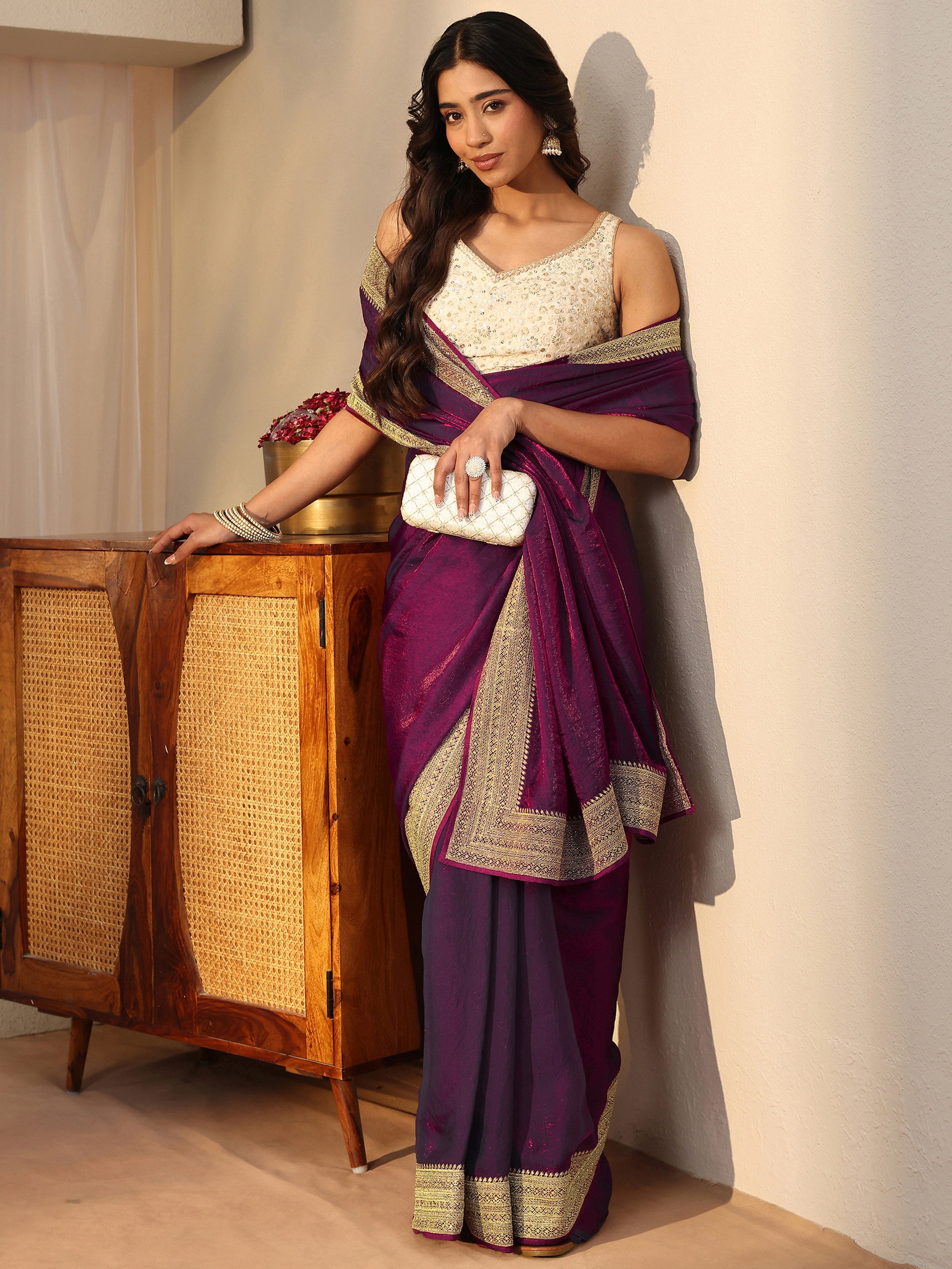 libas Burgundy Solid Glossy Tissue Saree-picture-30