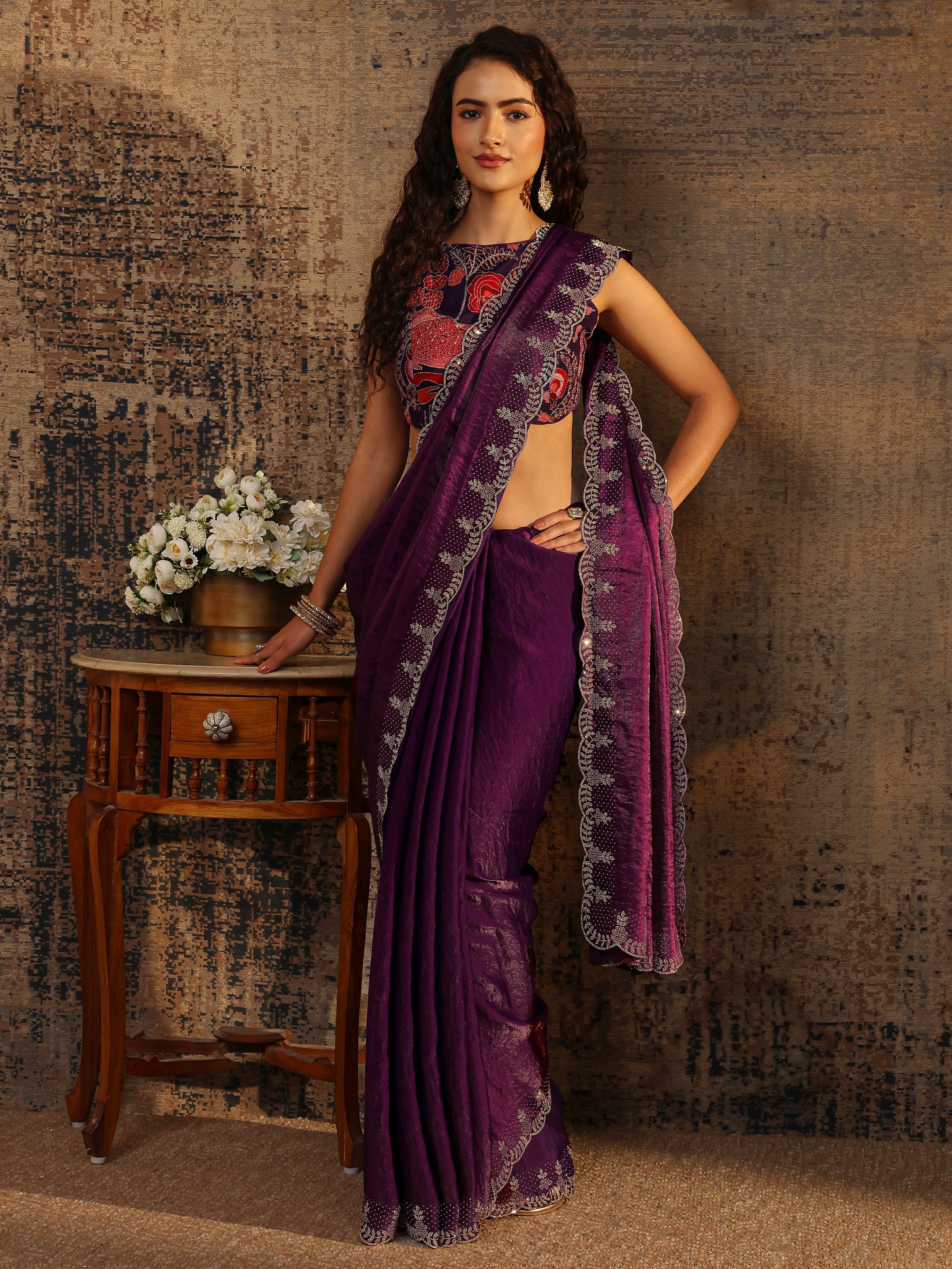 libas Burgundy Solid Satin Saree With Unstitched Blouse Piece-picture-14