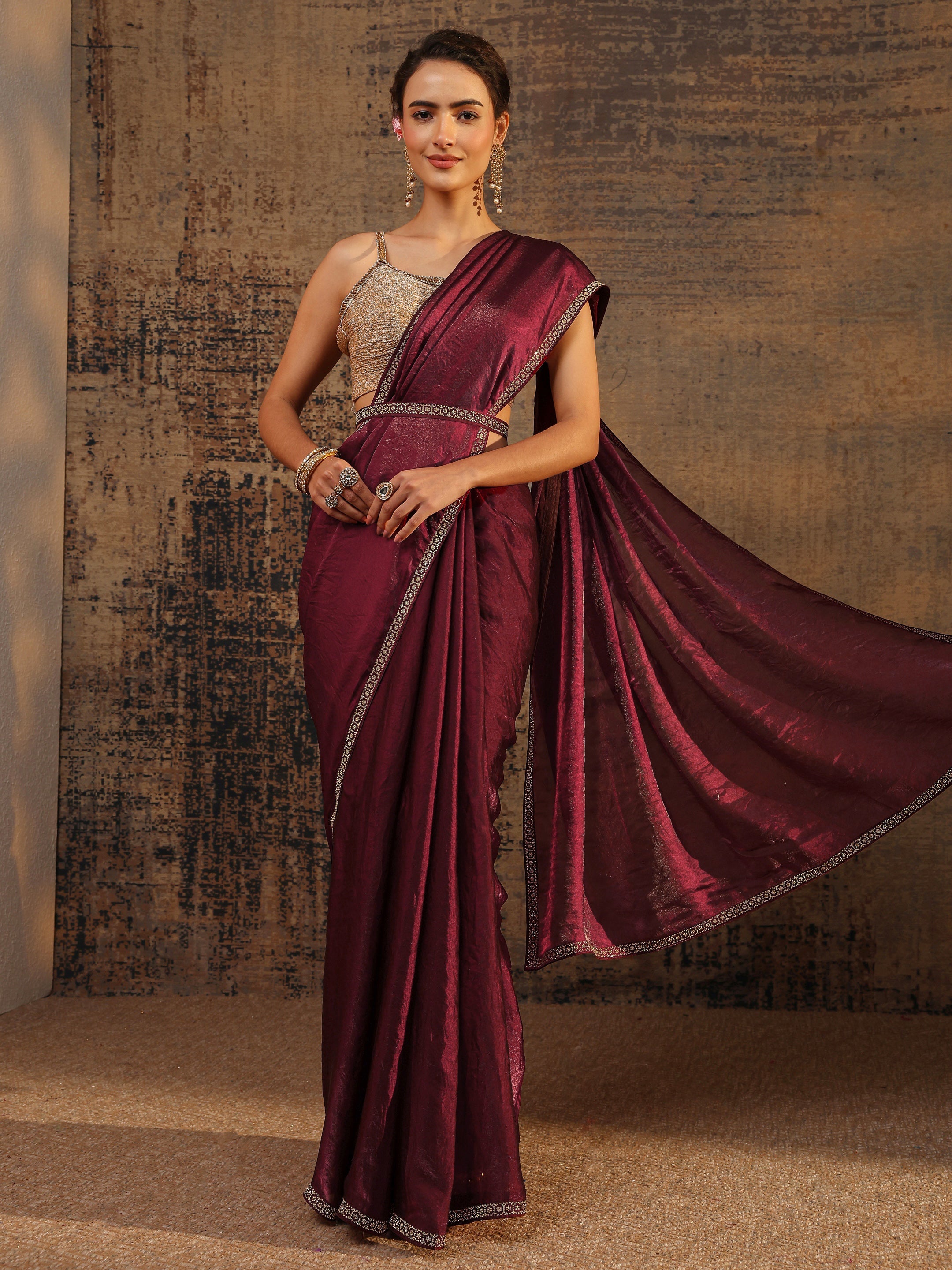 libas Burgundy Solid Satin Saree With Unstitched Blouse Piece-picture-13