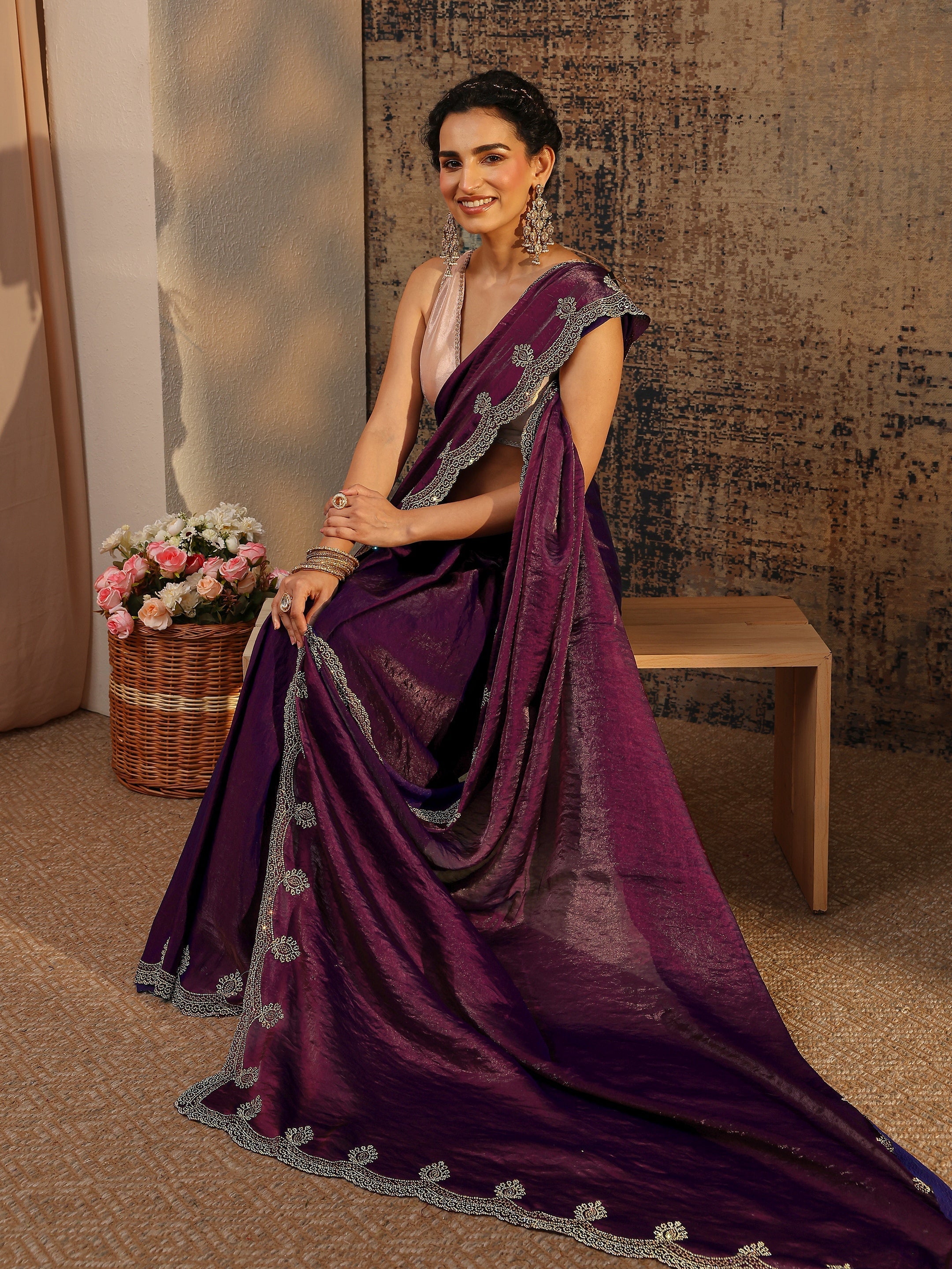 libas Burgundy Solid Satin Saree With Unstitched Blouse Piece-picture-56