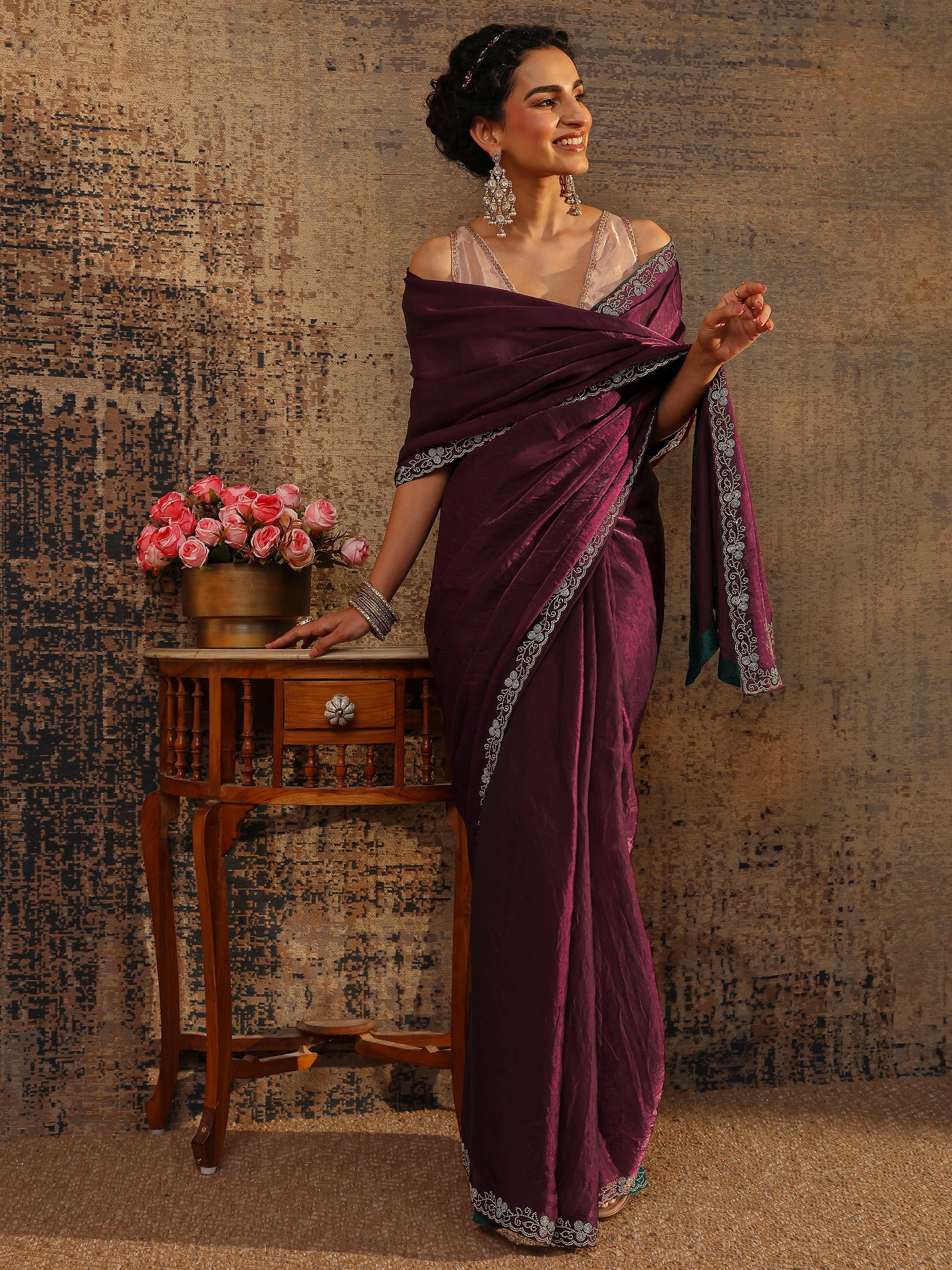 libas Burgundy Solid Satin Saree With Unstitched Blouse Piece-picture-29
