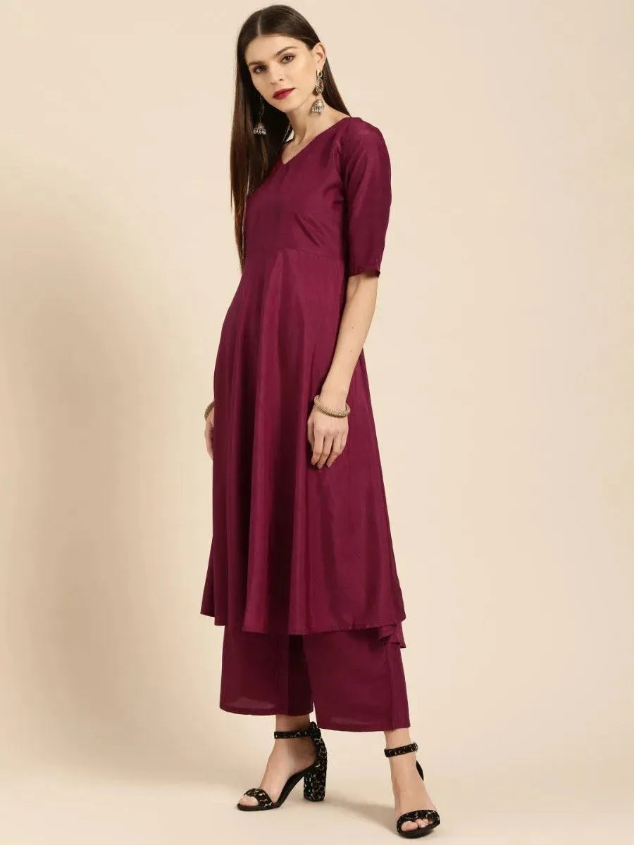 Burgundy Solid Silk Suit Set - Libas