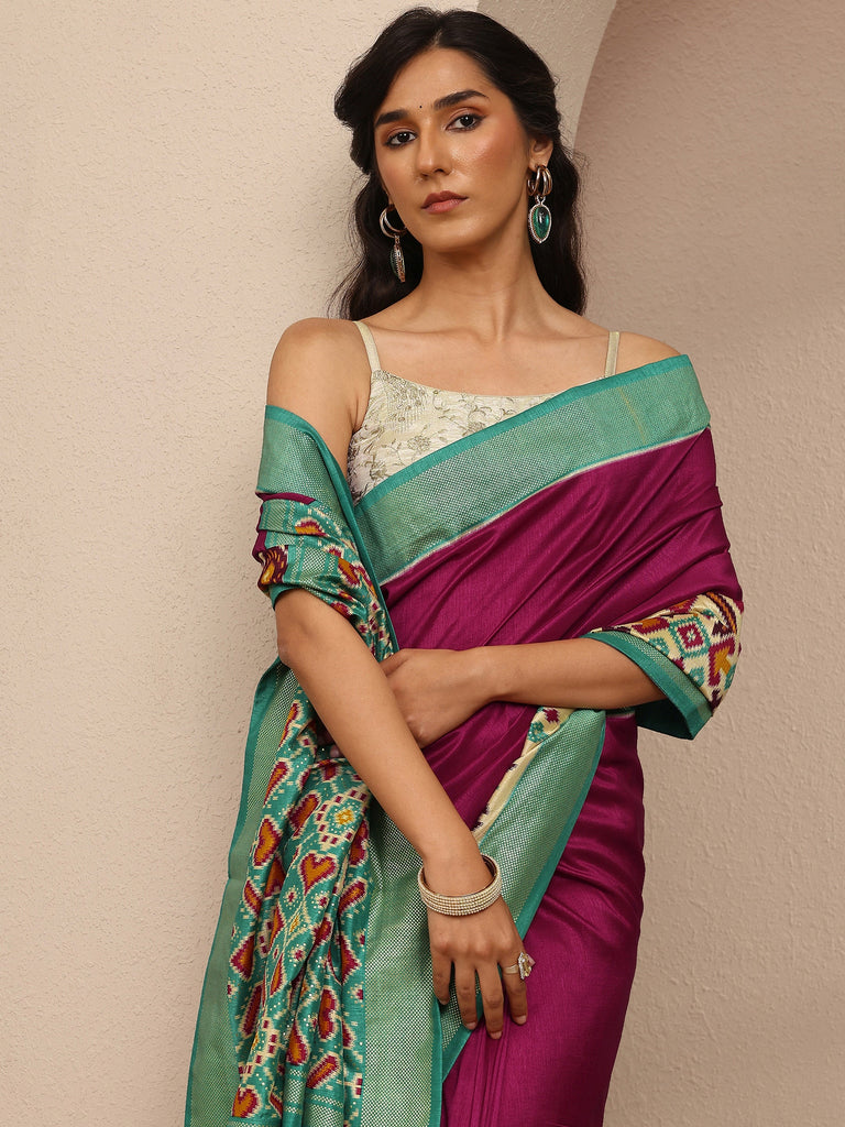 Libas Burgundy Solid Silk Blend Saree With Unstitched Blouse Piece