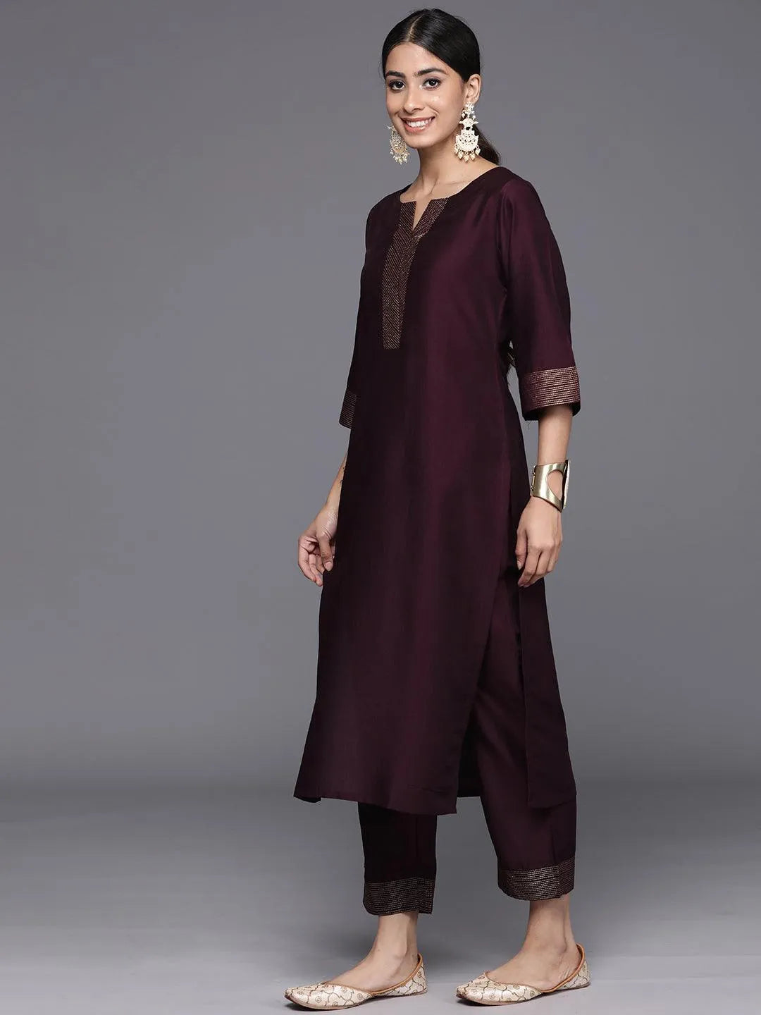 Burgundy Solid Silk Blend Straight Kurta With Trousers & Dupatta - Libas 