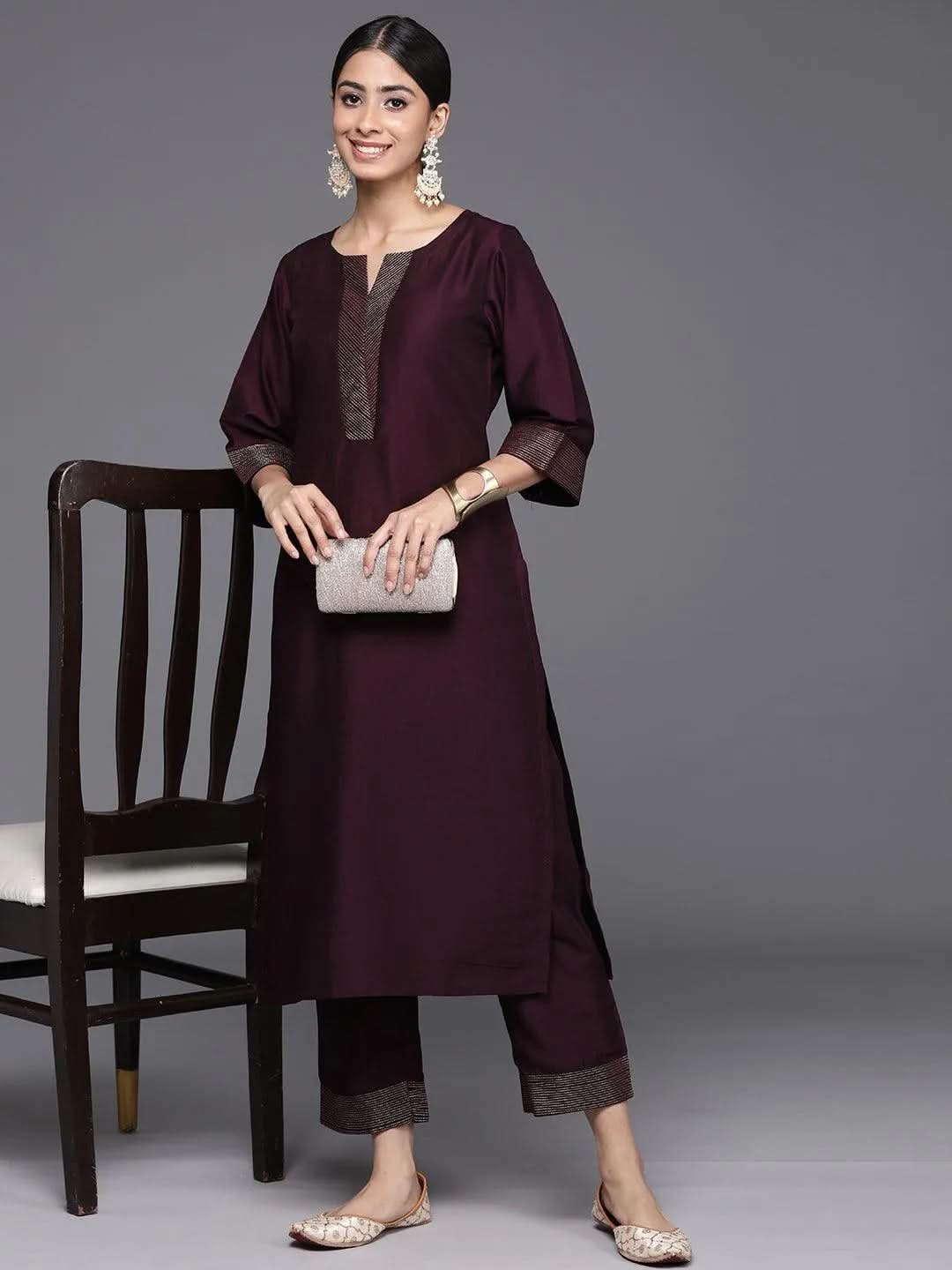 libas Burgundy Solid Silk Blend Straight Kurta With Trousers-picture-16