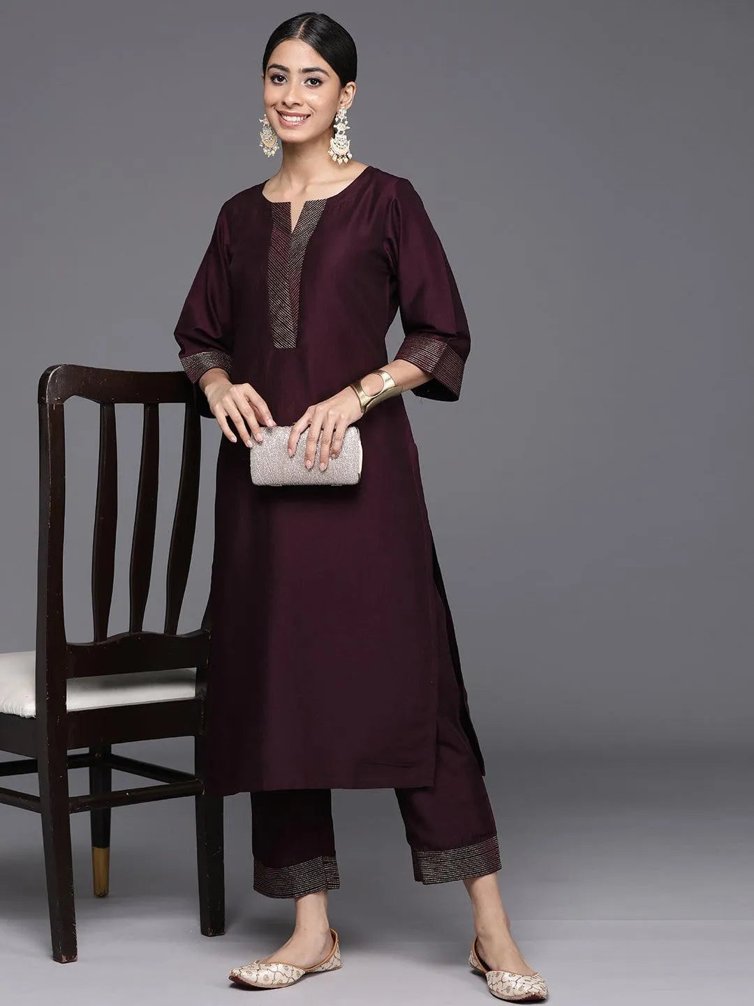 Burgundy Solid Silk Blend Straight Kurta With Trousers & Dupatta - Libas 