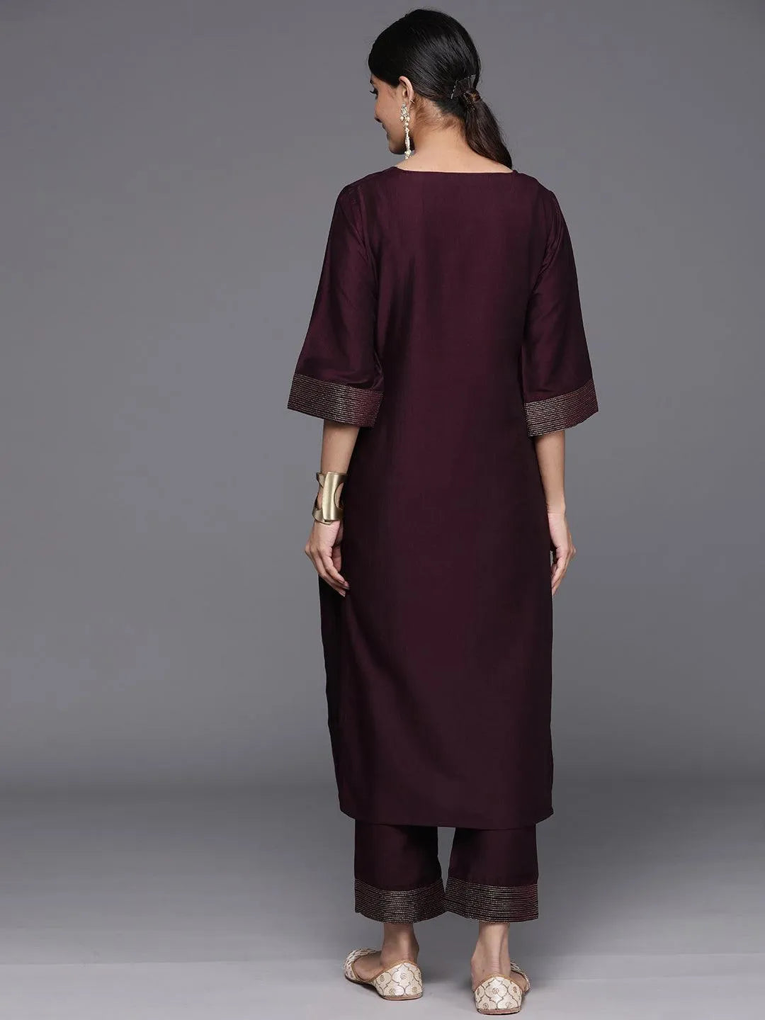 Burgundy Solid Silk Blend Straight Kurta With Trousers & Dupatta - Libas 