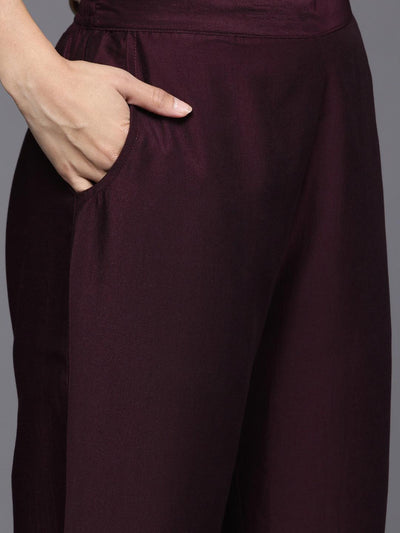 Burgundy Solid Silk Blend Straight Kurta With Trousers & Dupatta - Libas
