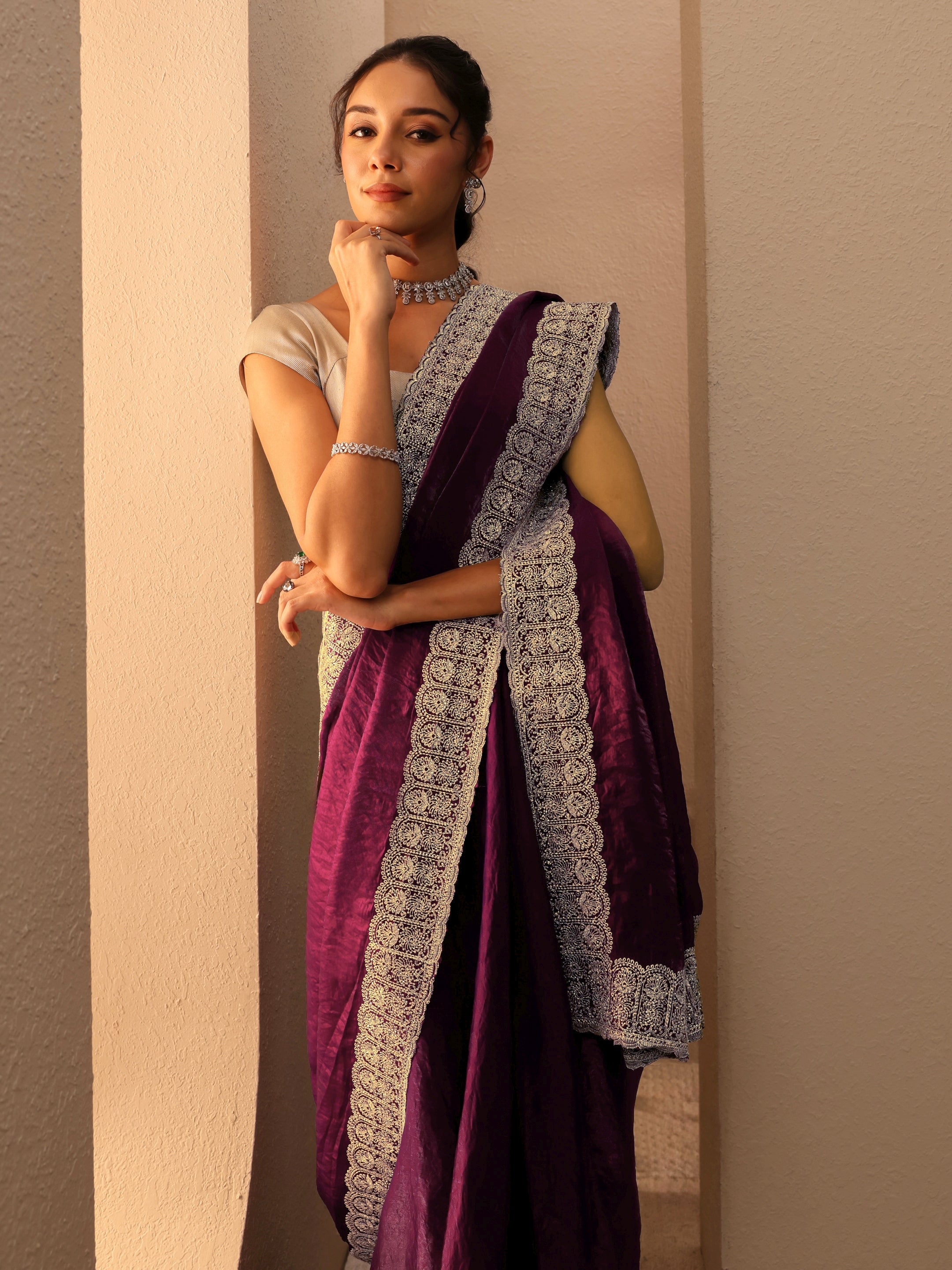 libas Burgundy Solid Tissue Saree-picture-67