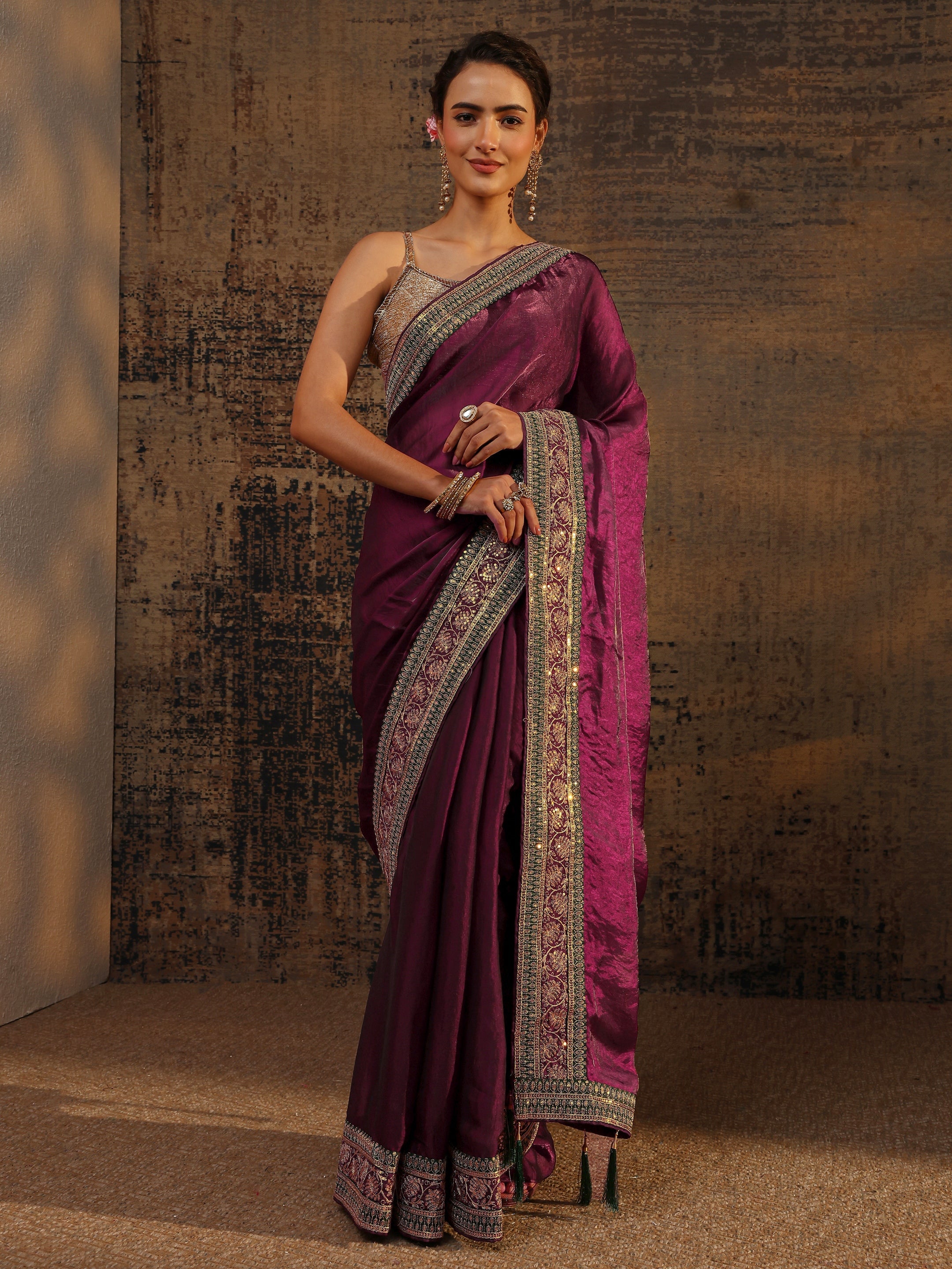 libas Burgundy Solid Tissue Saree With Unstitched Blouse Piece-picture-67