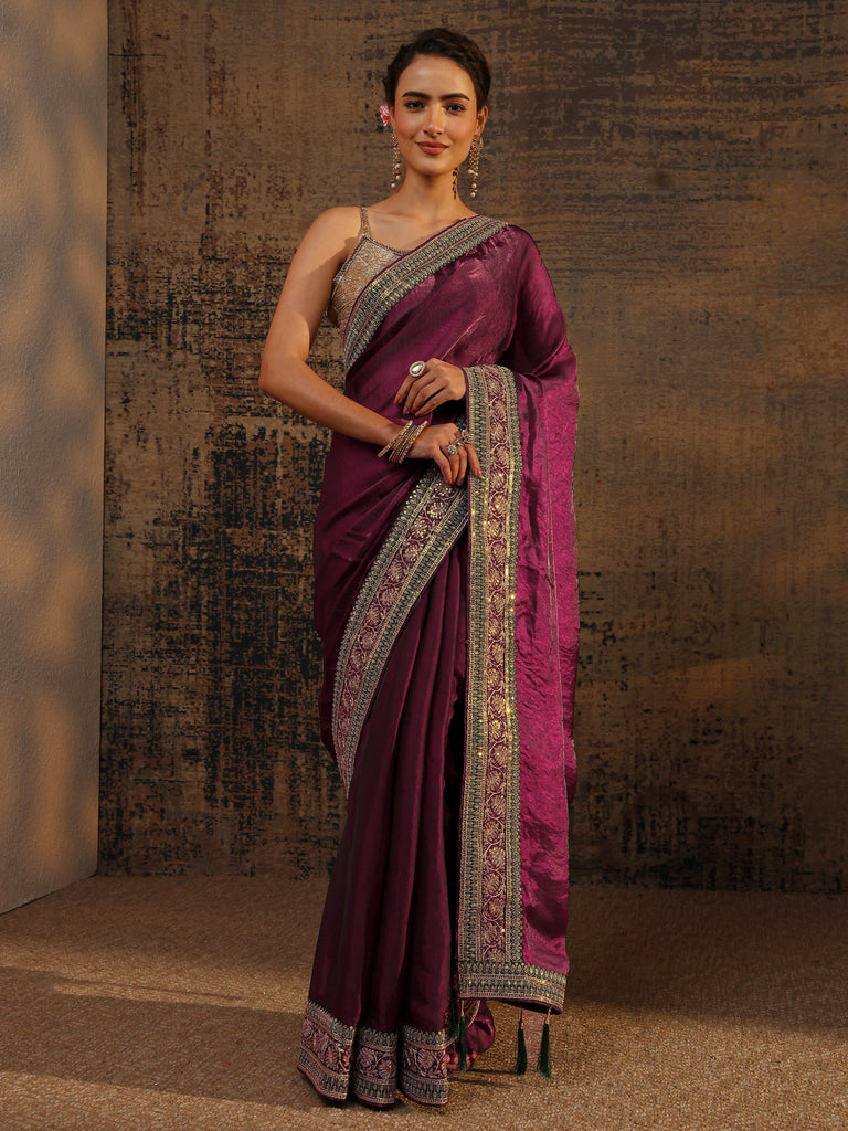 Libas Burgundy Solid Tissue Saree With Unstitched Blouse Piece