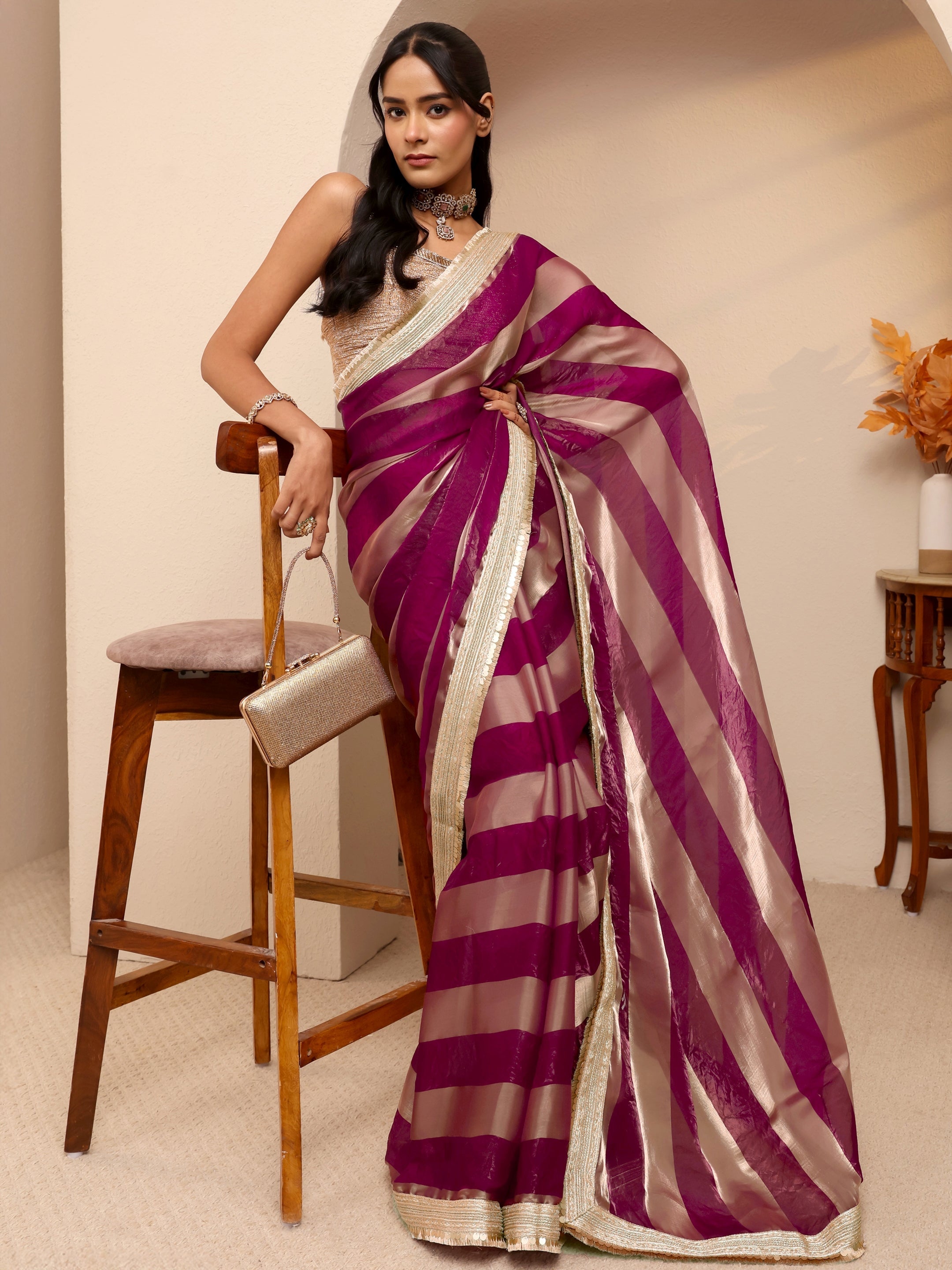 libas Burgundy Striped Textured Tissue Saree-picture-59