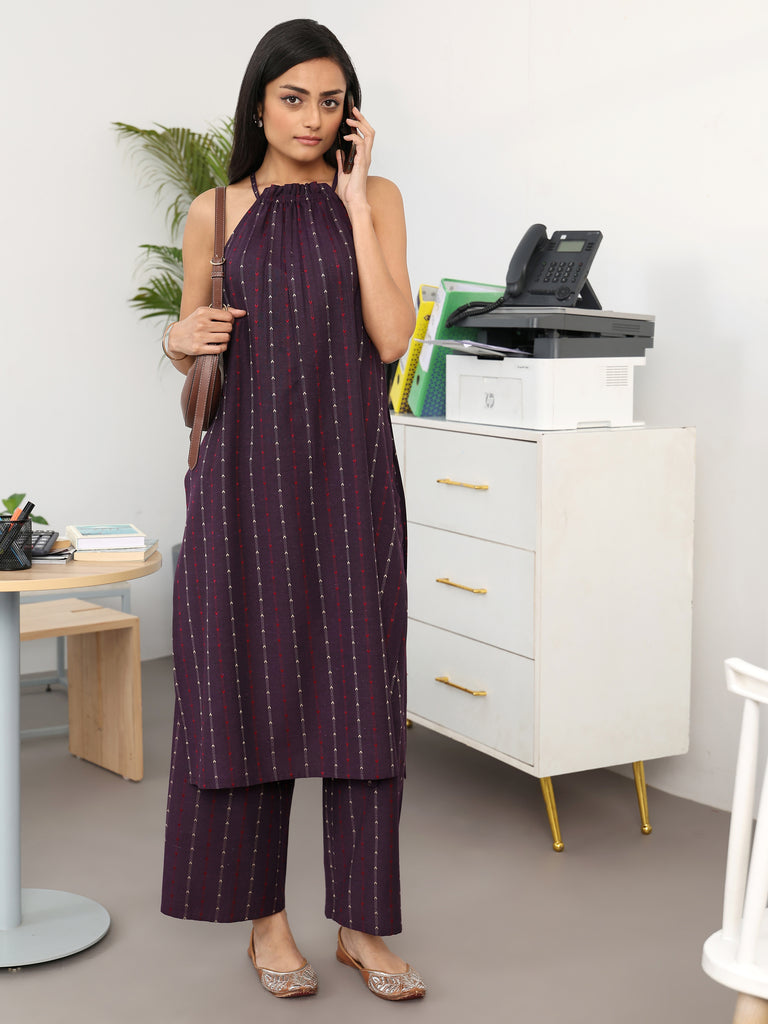 Gerua Burgundy Striped Woven Design Cotton Blend A-Line Kurta Set