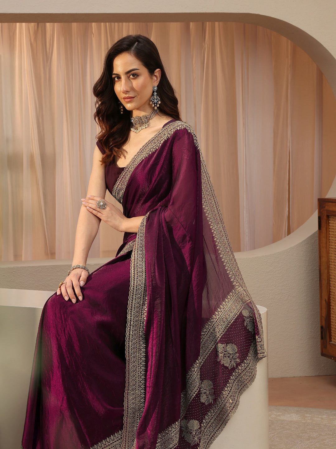  Burgundy Tissue Saree 