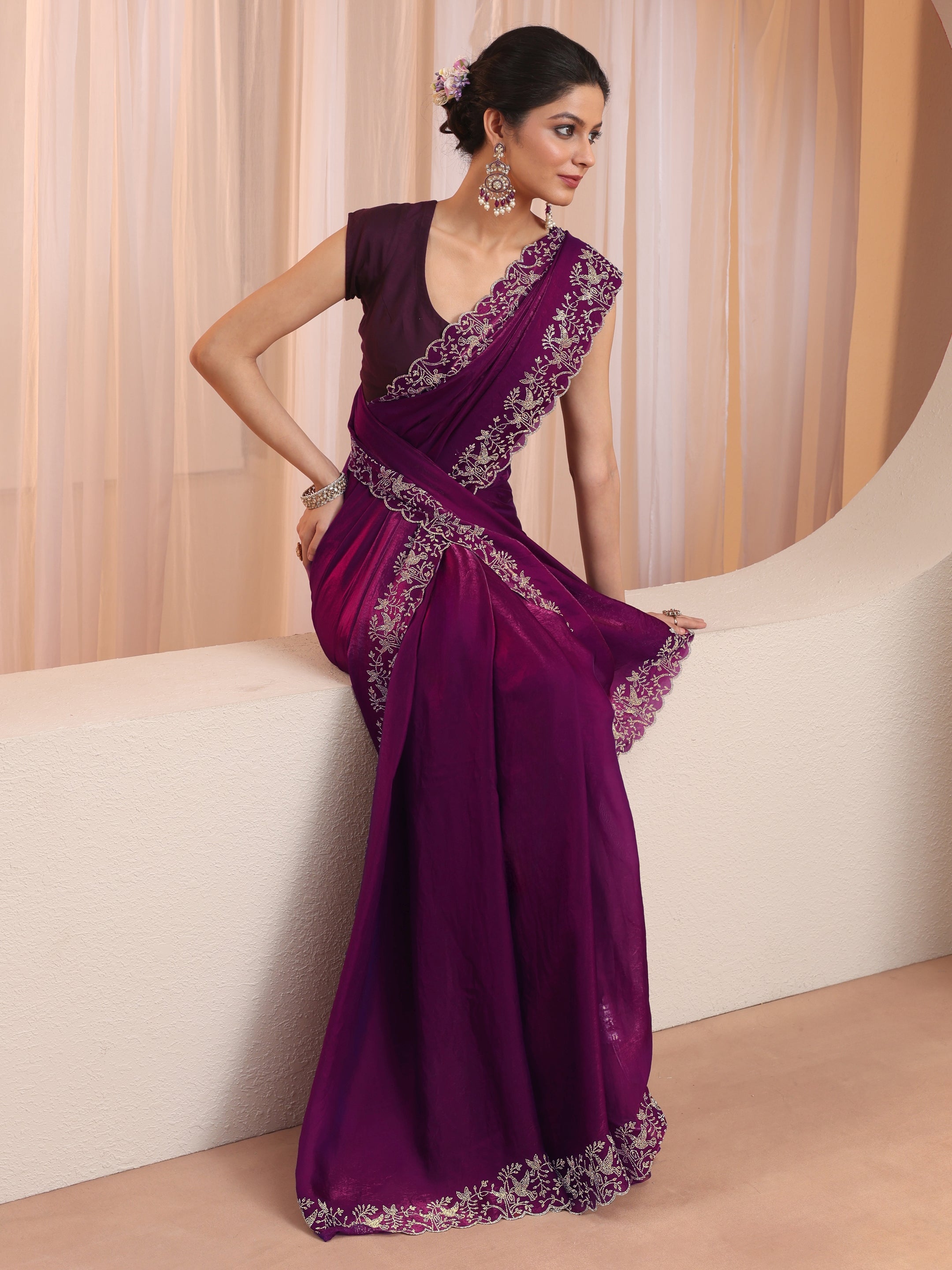 libas Burgundy Tissue Saree With Embroidered Border-picture-36