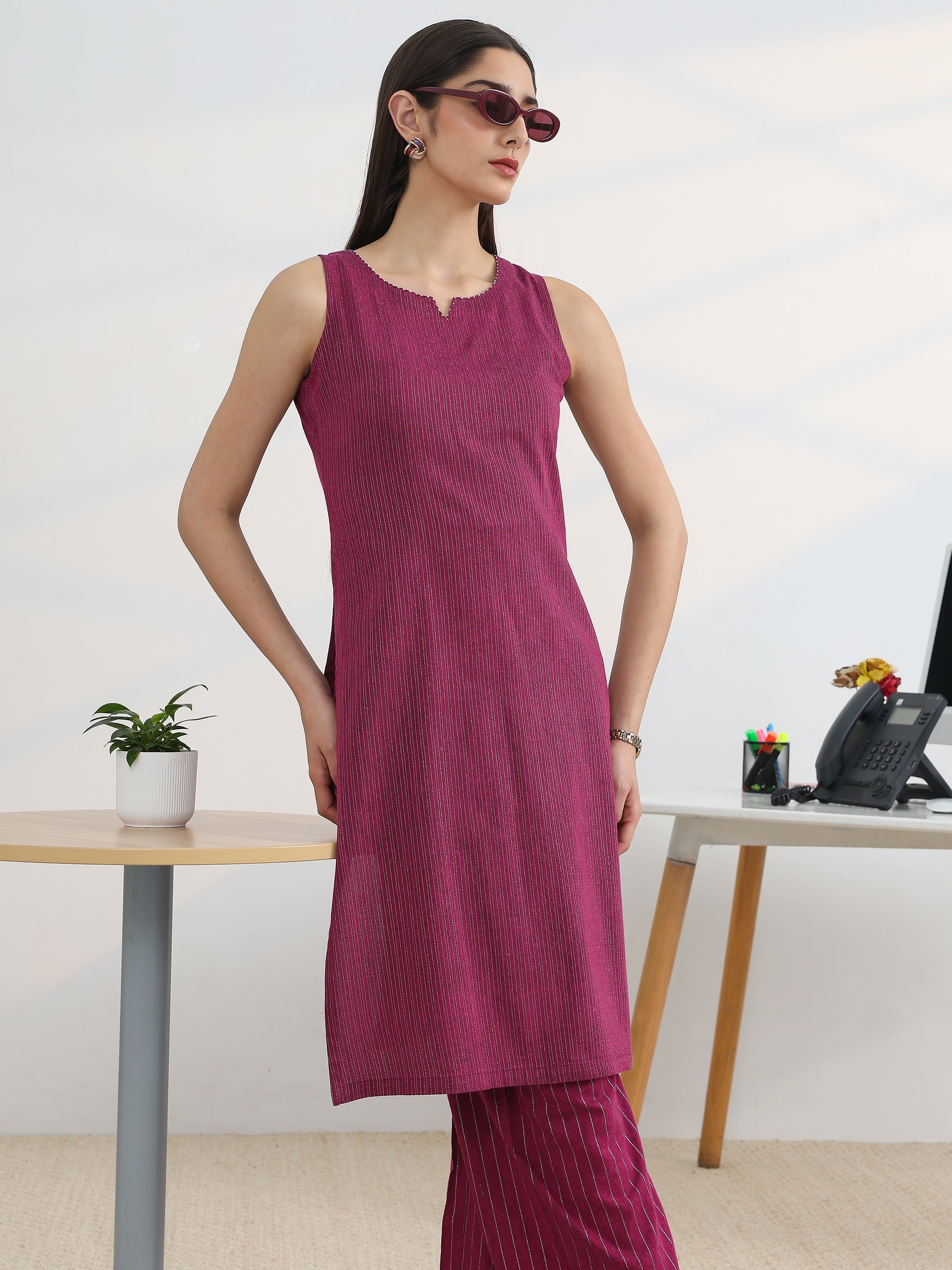 libas Burgundy Woven Design Cotton Blend Straight Kurta Set-picture-19