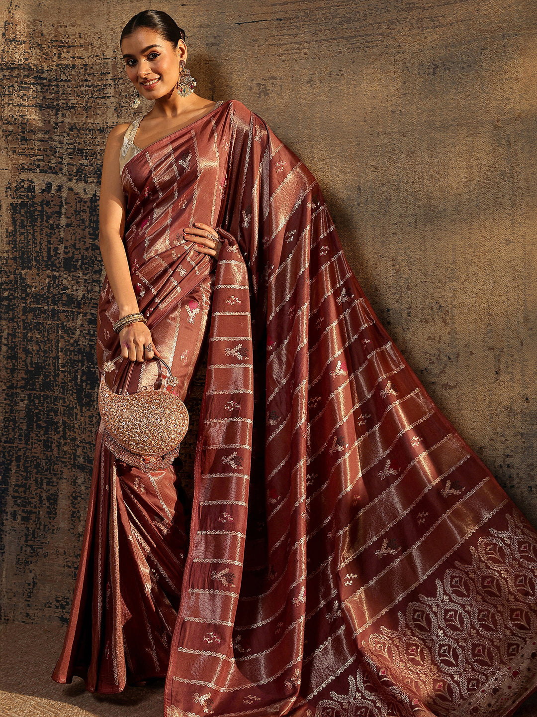  Burgundy Woven Design Silk Blend Saree With Unstitched Blouse Piece 