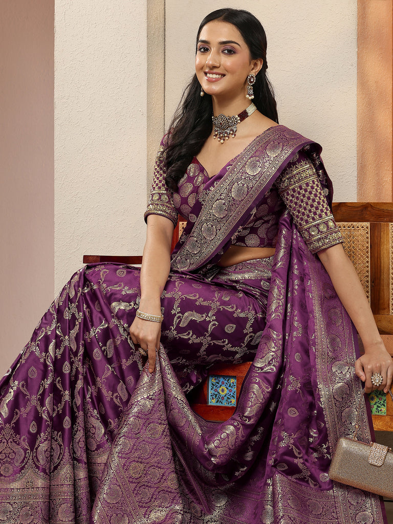 Libas Burgundy Woven Design Silk Blend Sarees With Unstitched Blouse Piece