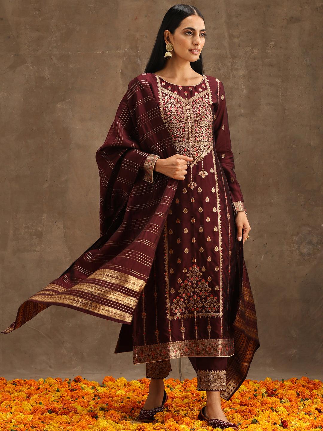 Burgundy Woven Design Silk Blend Straight Suit Set With Trousers - Libas
