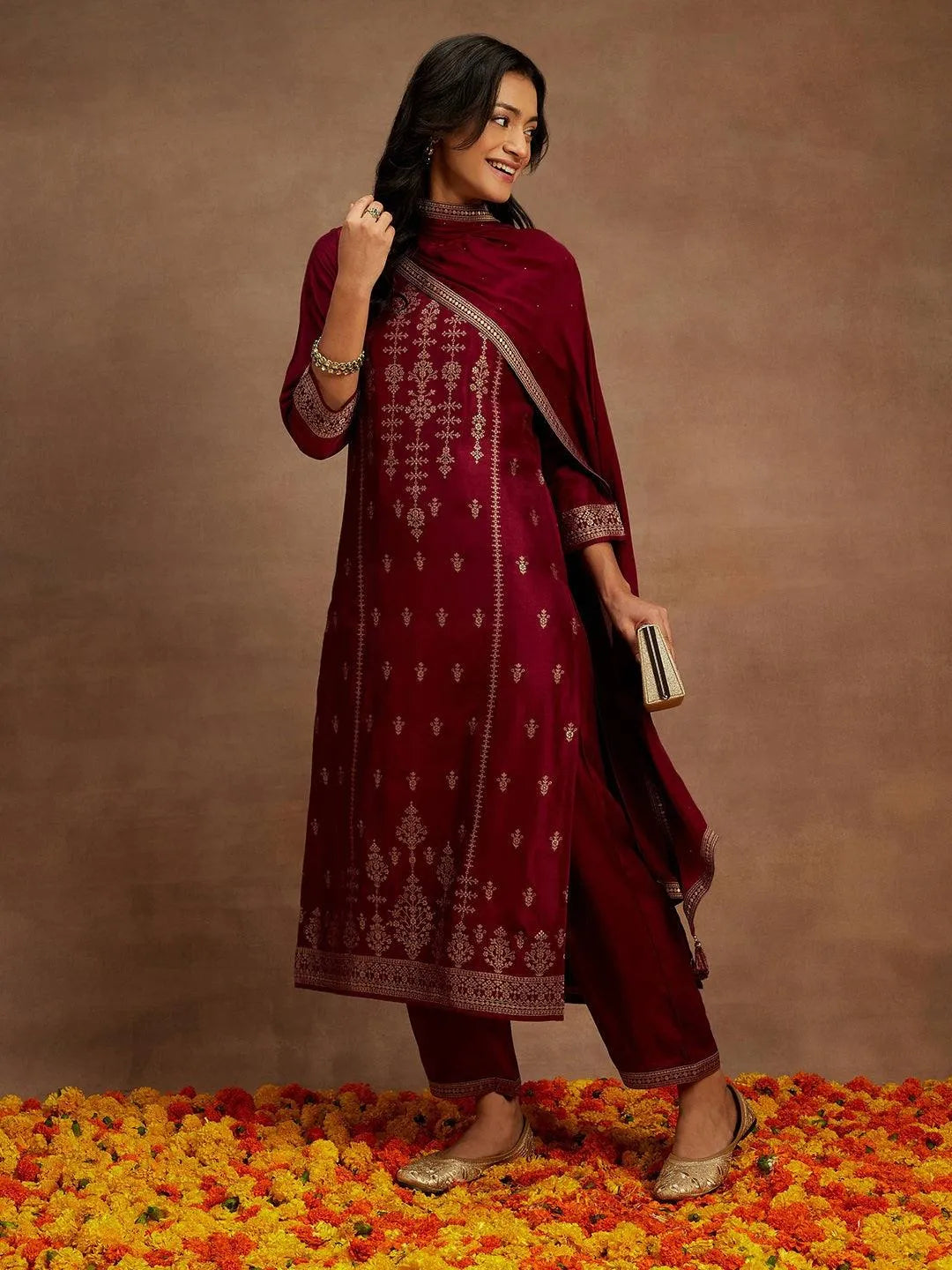 Burgundy Woven Design Silk Blend Straight Kurta With Trousers & Dupatta - Libas