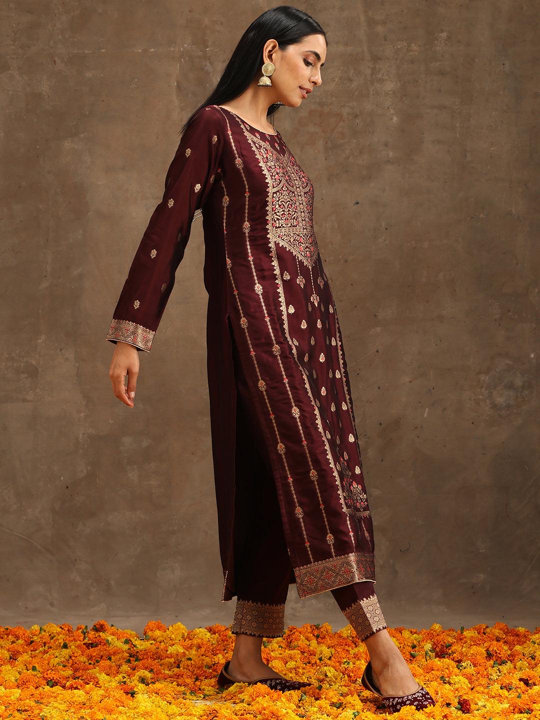 Burgundy Woven Design Silk Blend Straight Suit Set With Trousers - Libas