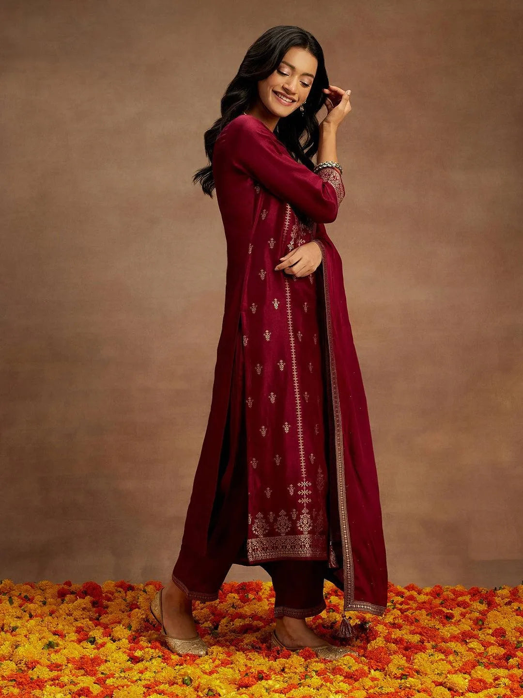 Burgundy Woven Design Silk Blend Straight Kurta With Trousers & Dupatta - Libas 