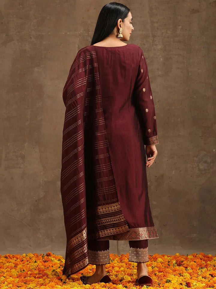 Burgundy Woven Design Silk Blend Straight Suit Set With Trousers - Libas