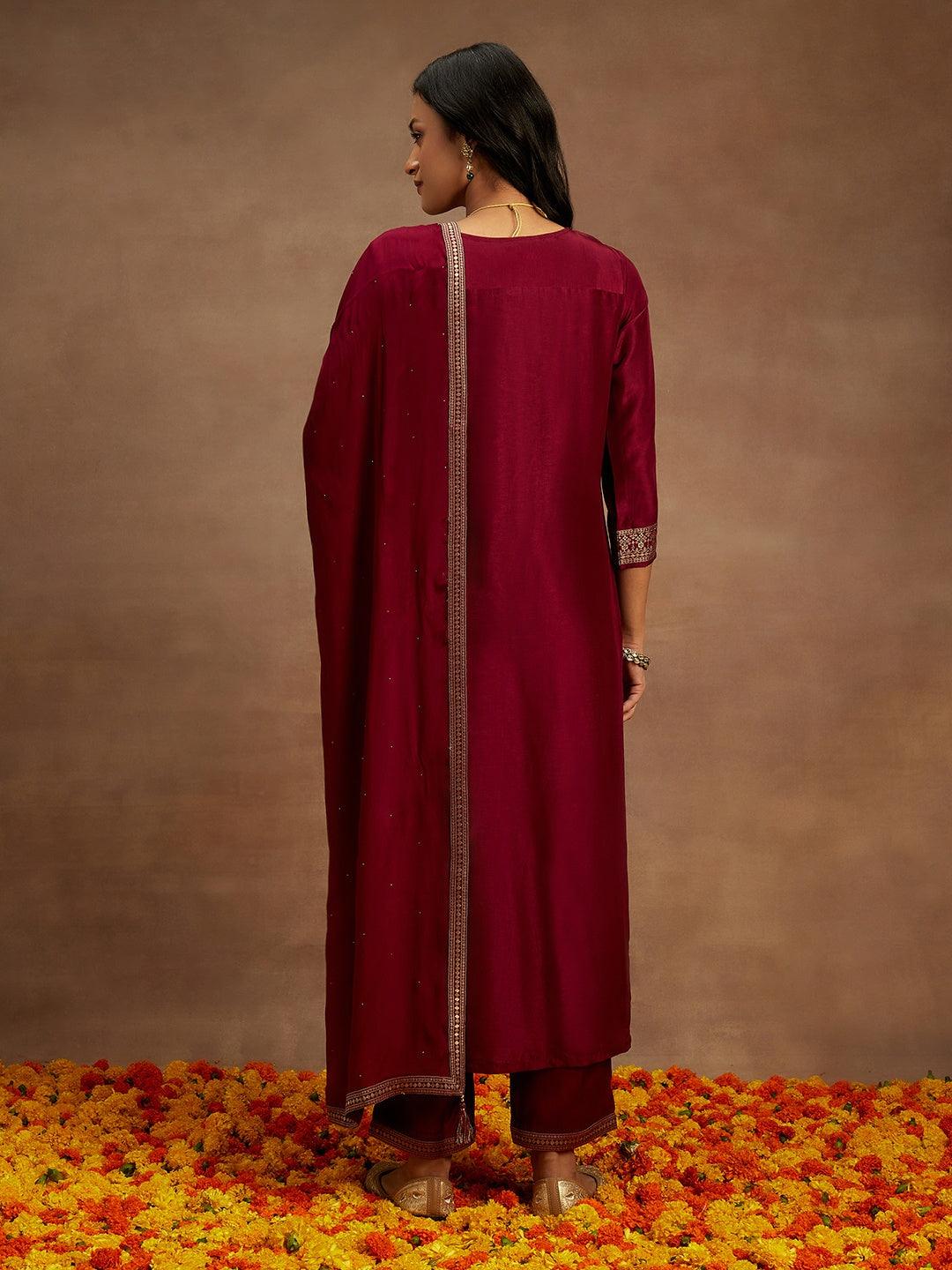 Burgundy Woven Design Silk Blend Straight Suit With Dupatta