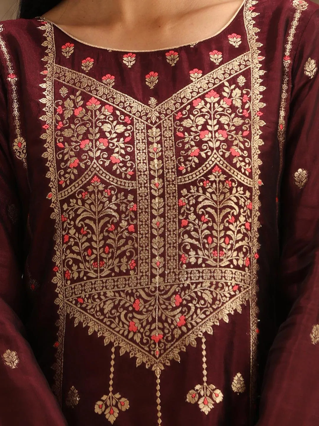 Burgundy Woven Design Silk Blend Straight Suit Set With Trousers - Libas 