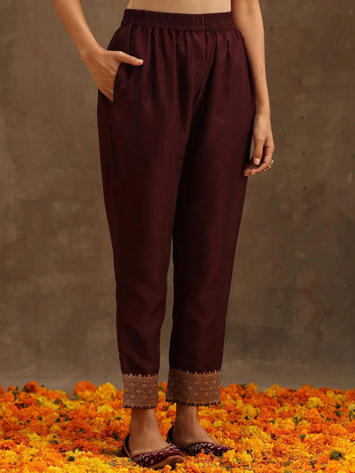 Burgundy Woven Design Silk Blend Straight Suit Set With Trousers - Libas