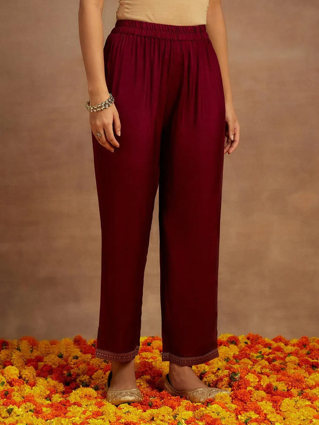 Burgundy Woven Design Silk Blend Straight Kurta With Trousers & Dupatta - Libas 