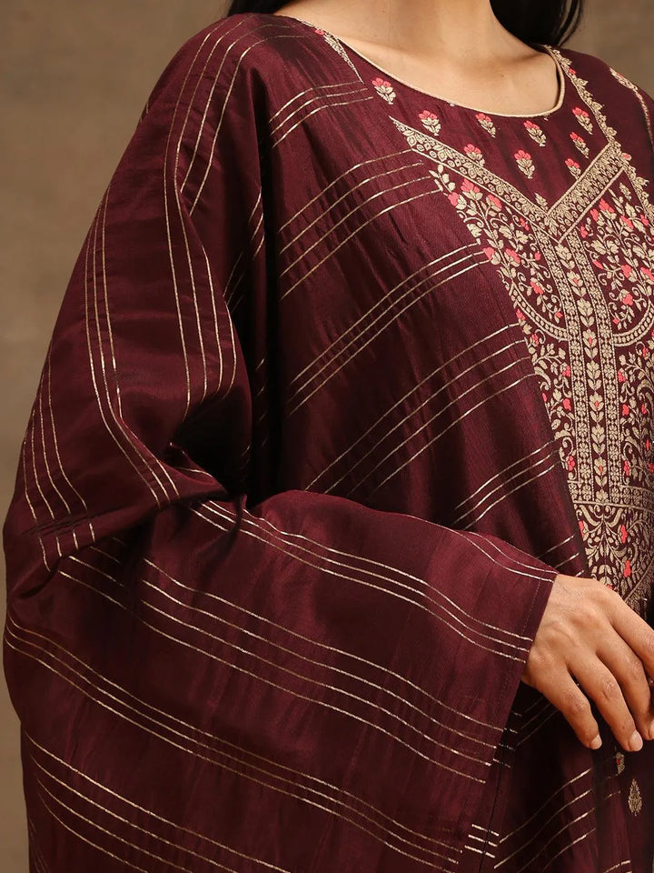 Burgundy Woven Design Silk Blend Straight Suit Set With Trousers - Libas