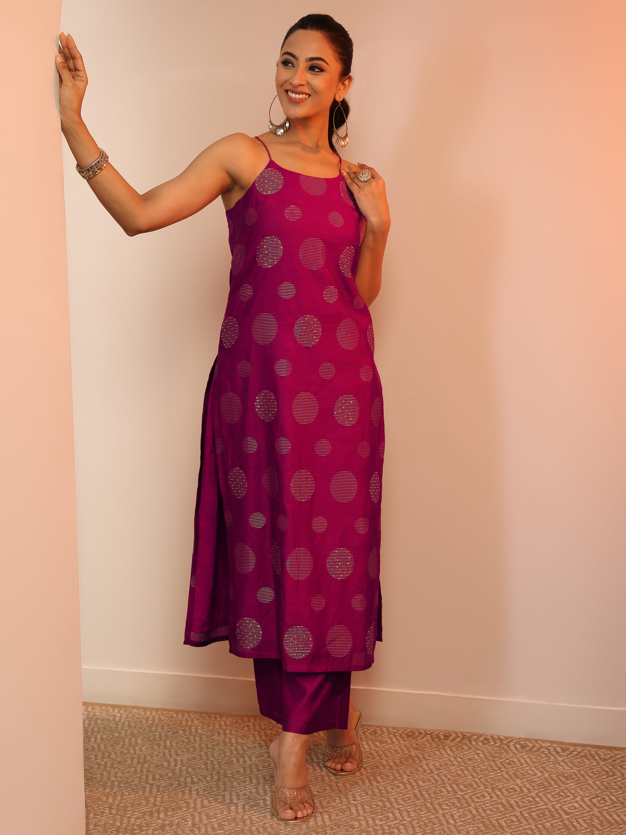 libas Burgundy Woven Design Silk Blend Straight Kurta Set-picture-29