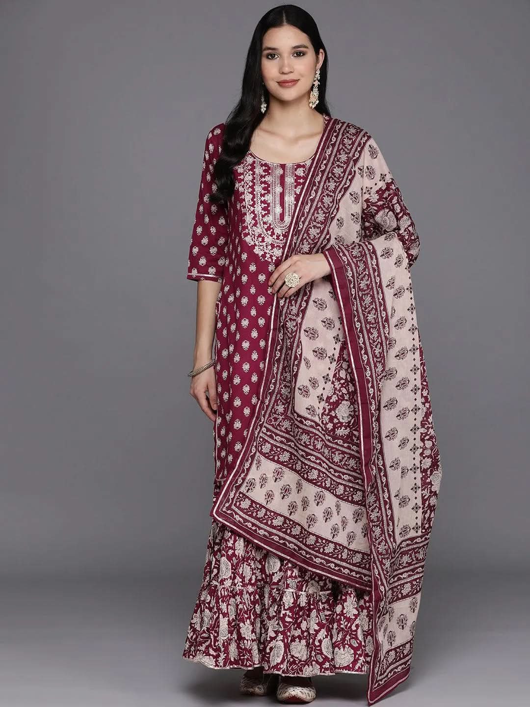 Burgundy Yoke Design Cotton Straight Sharara Suit Set With Dupatta