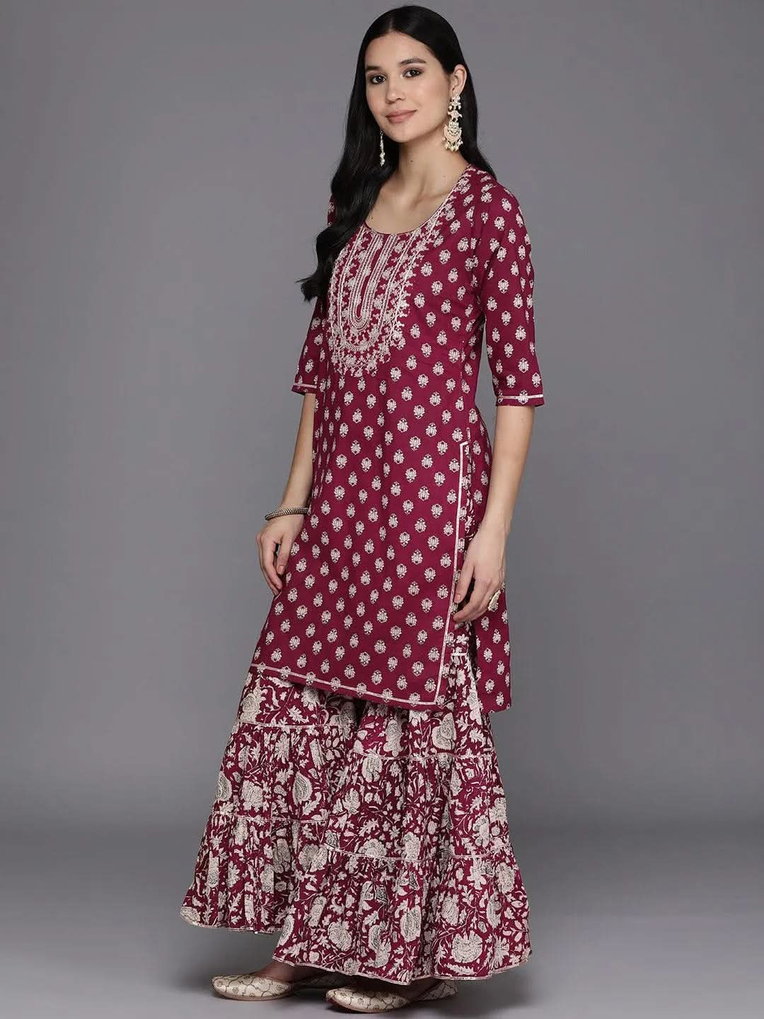 Burgundy Printed Cotton Straight Suit Set