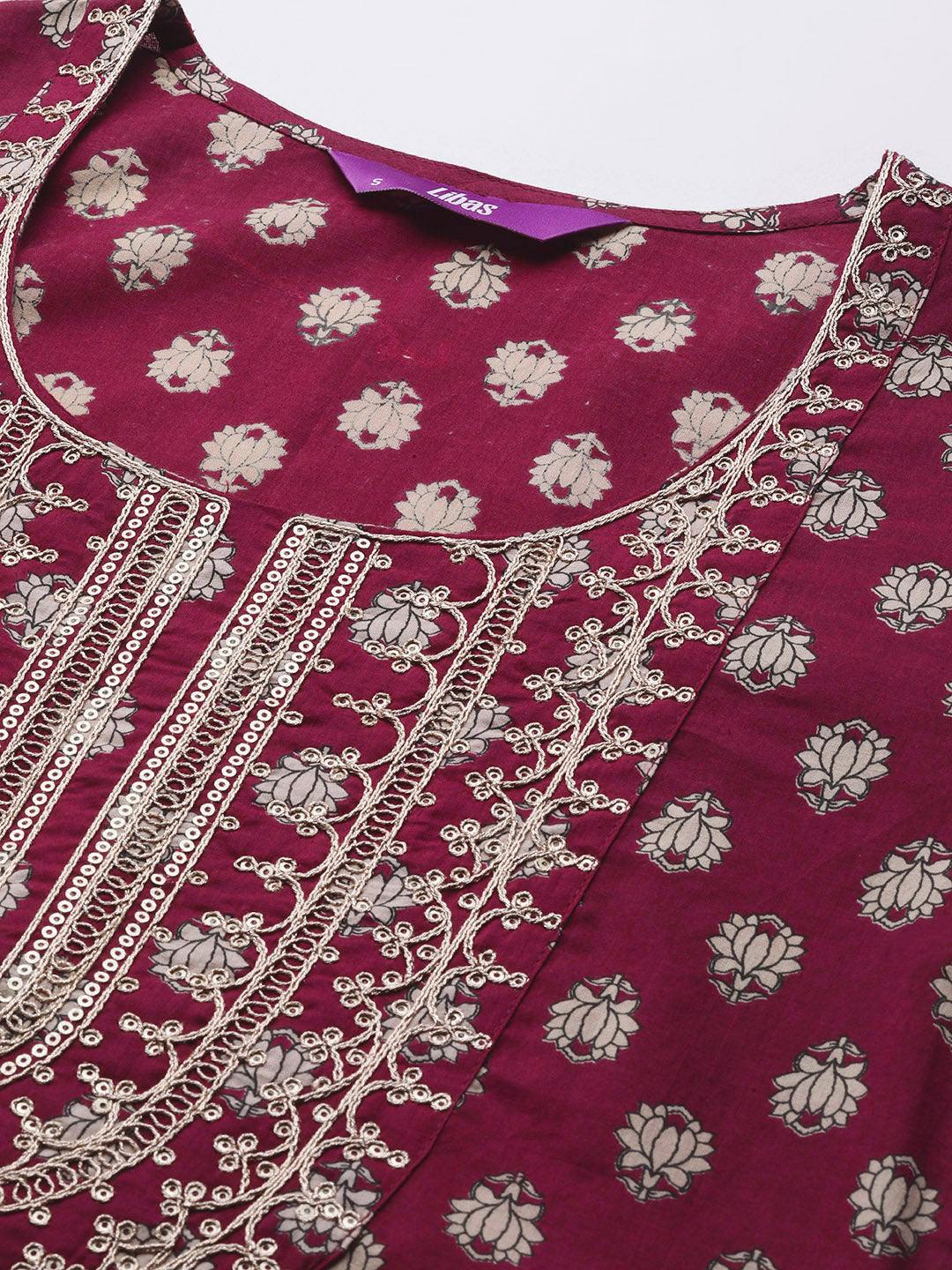 Burgundy Yoke Design Cotton Straight Suit Set With Sharara - Libas