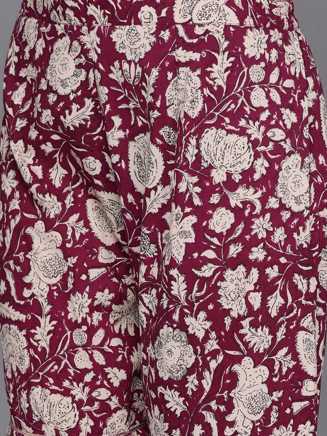 Burgundy Yoke Design Cotton Straight Sharara Suit Set With Dupatta