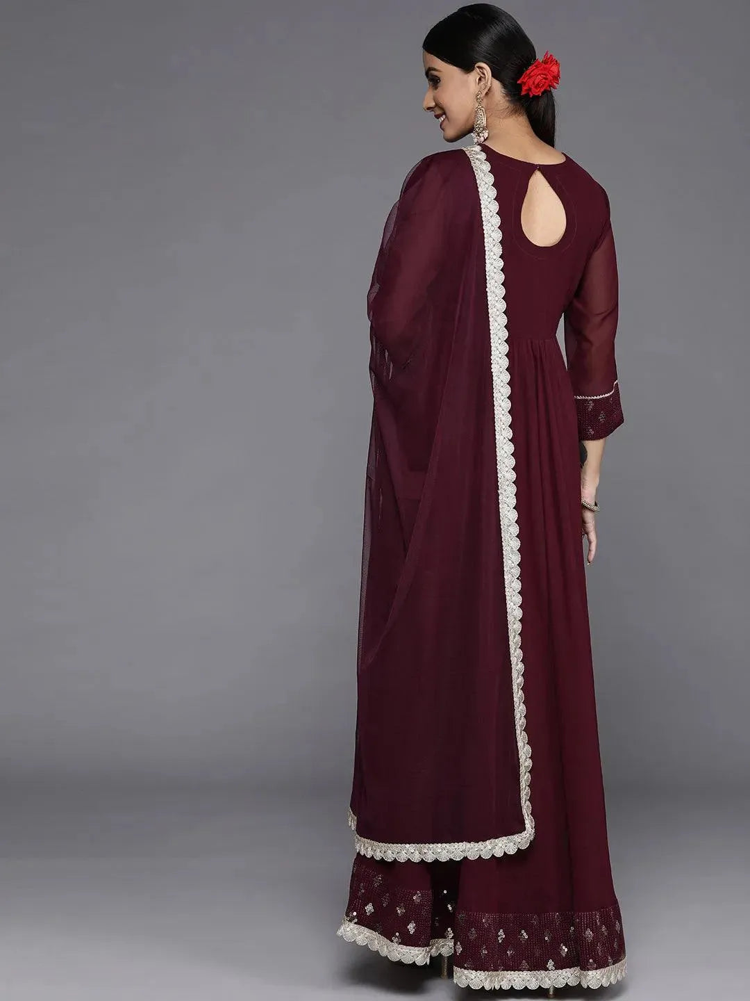 Burgundy Yoke Design Georgette Anarkali Suit Set With Churidar - Libas 