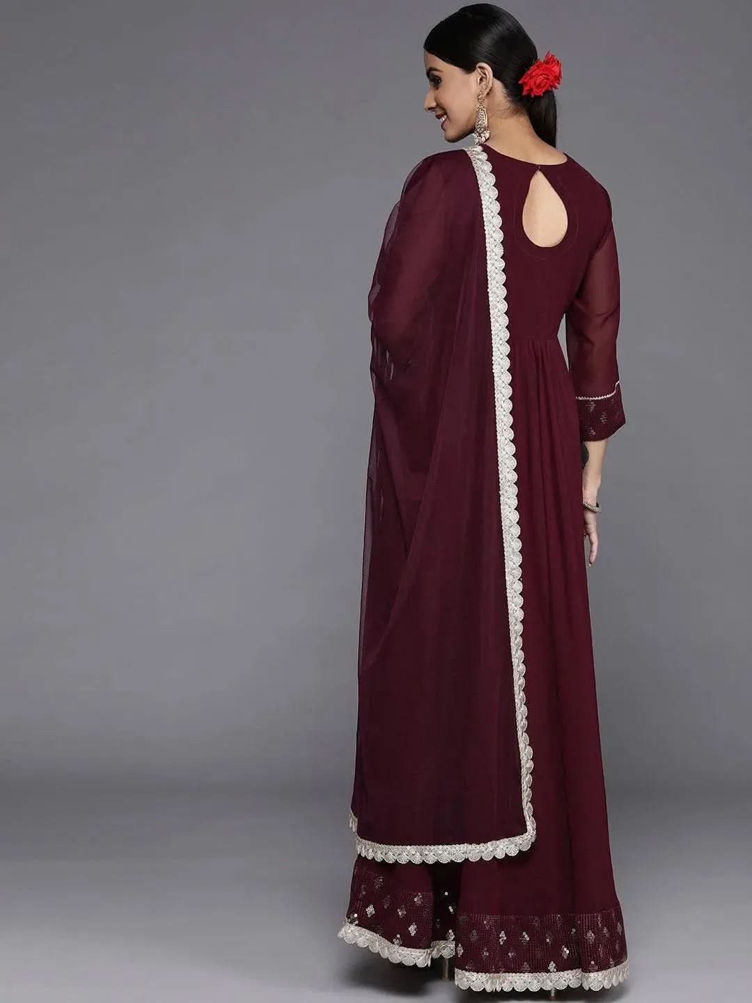 

Burgundy Yoke Design Georgette Anarkali Kurta With Churidar & Dupatta