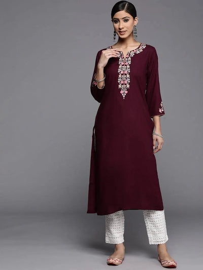 Burgundy Yoke Design Rayon Kurta - Libas